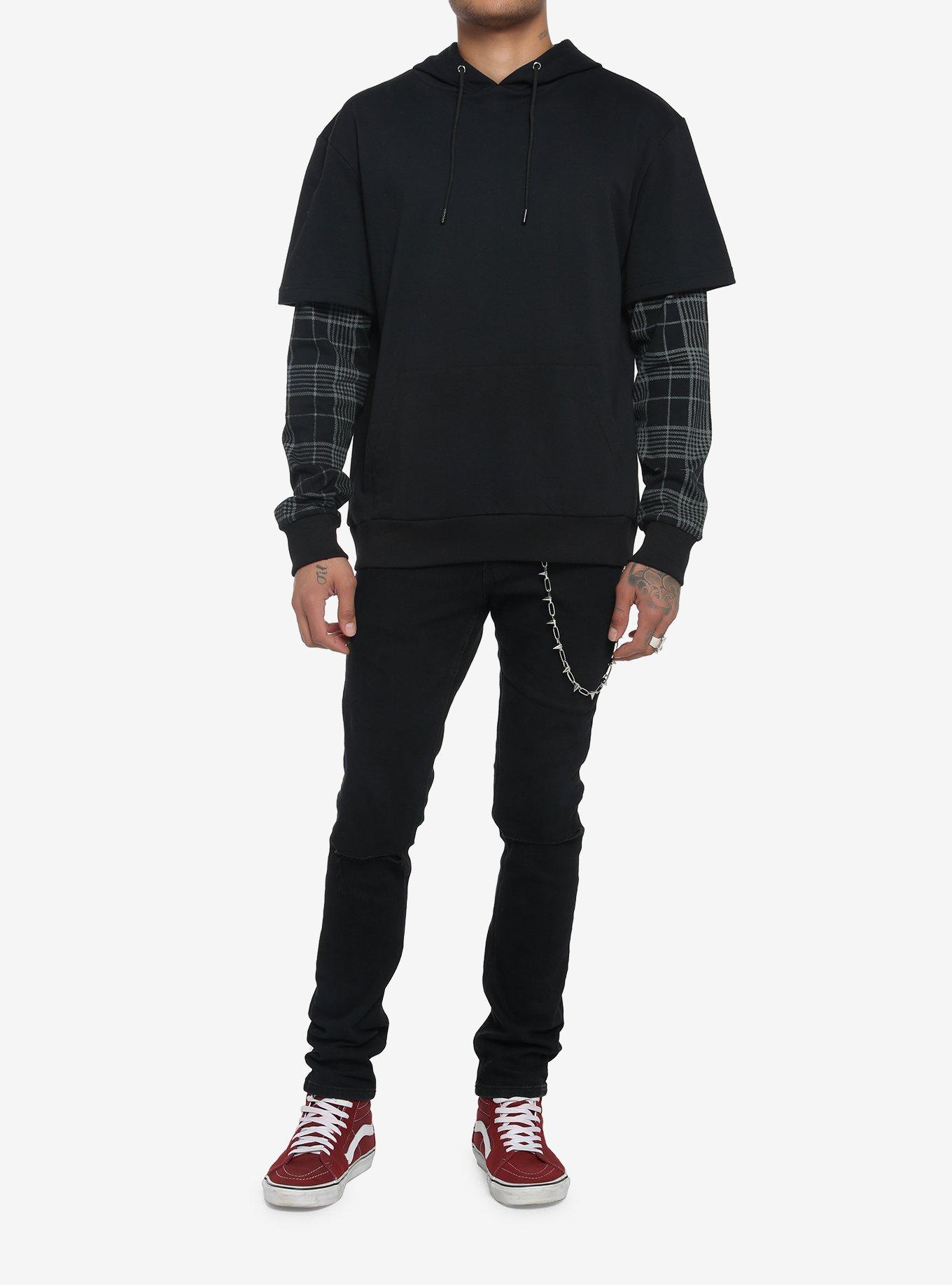 Black Plaid Twofer Hoodie, BLACK, alternate