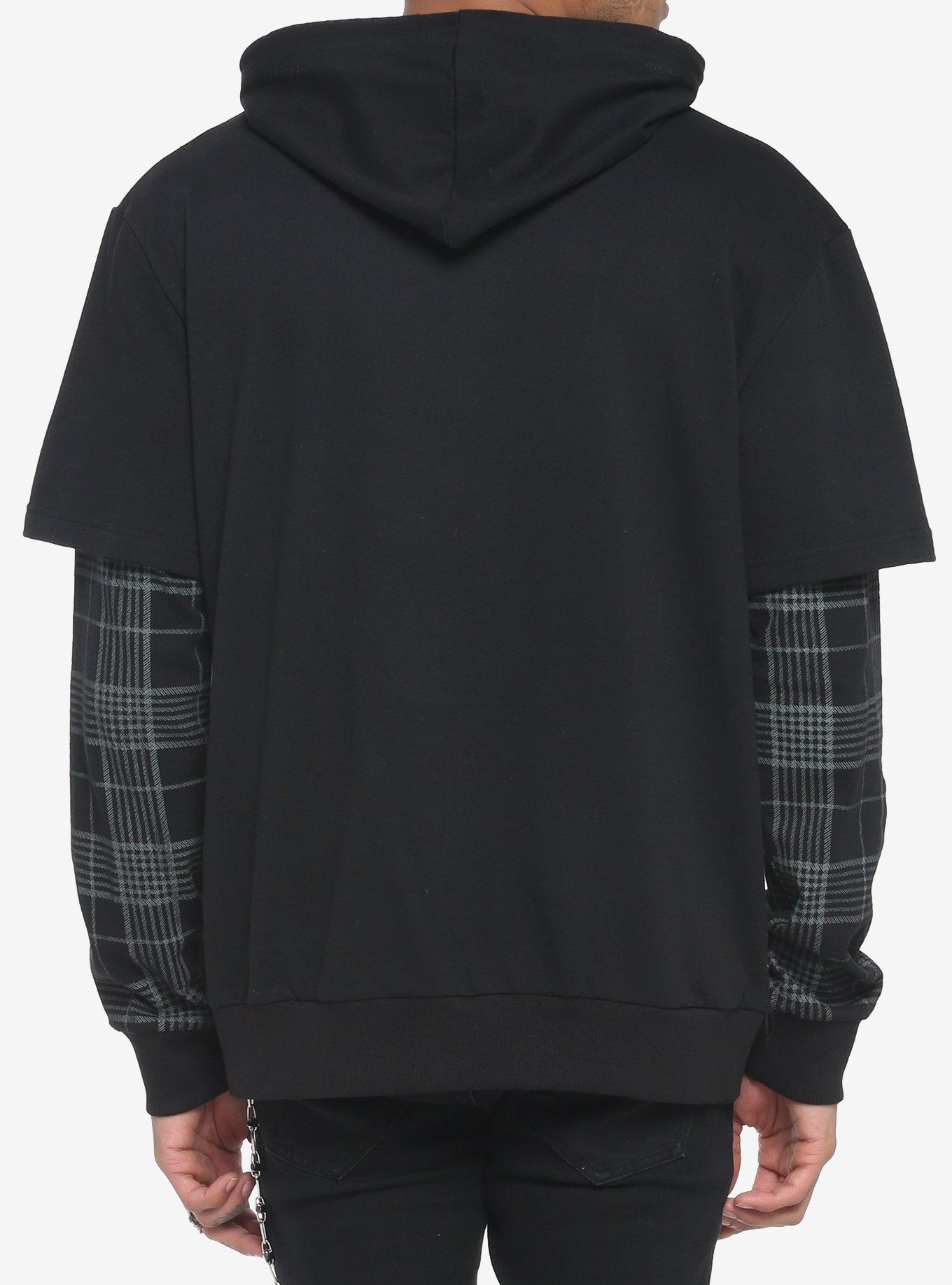 Black Plaid Twofer Hoodie, BLACK, alternate