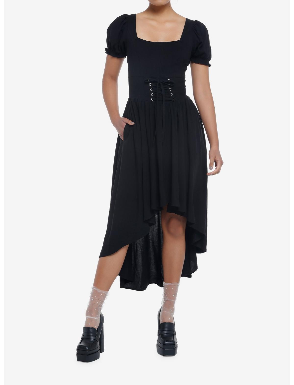Black Lace-Up Corset Hi-Low Dress, MULTI, alternate