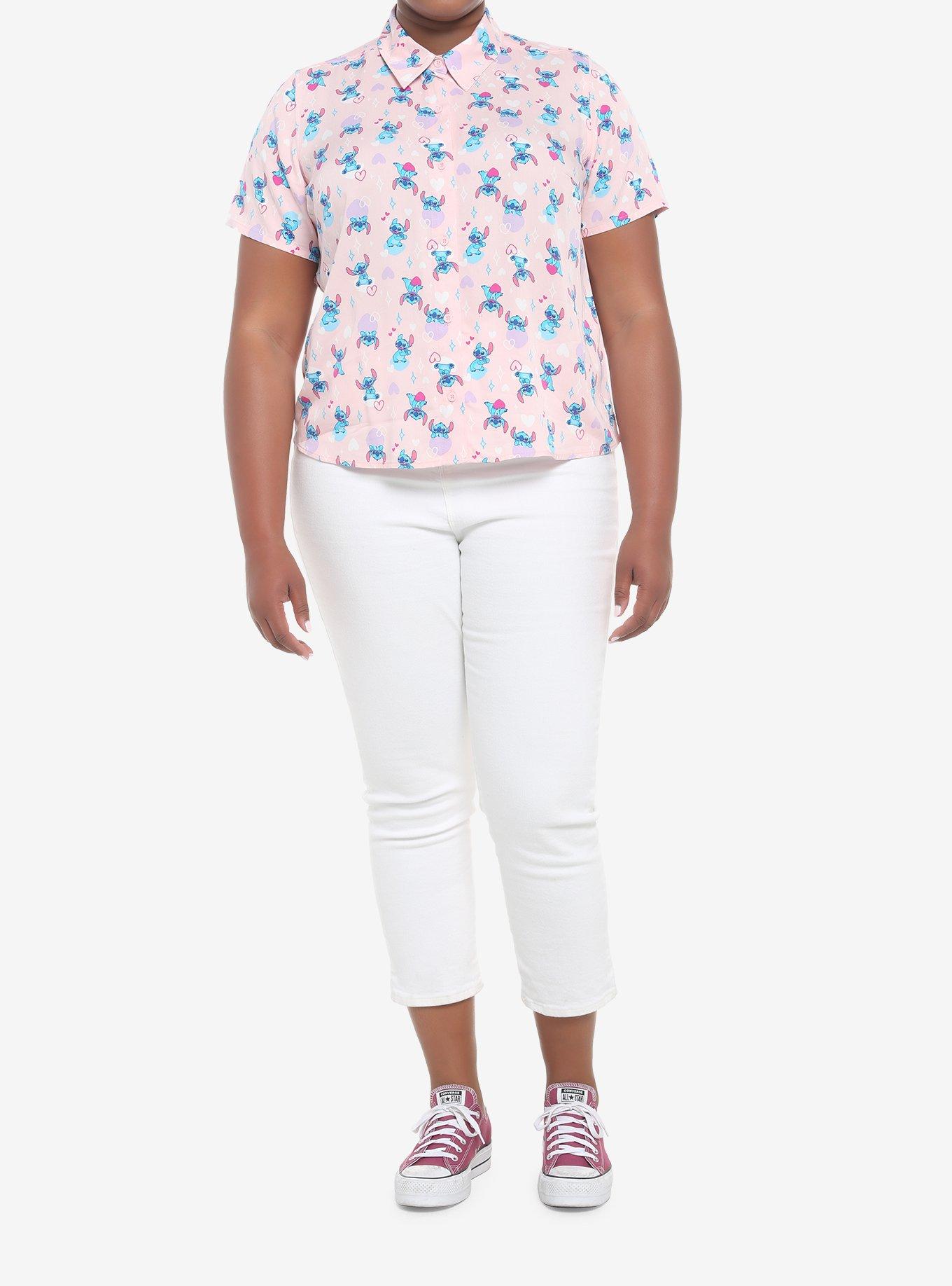 Disney Lilo & Stitch Hearts Pink Girls Woven Button-Up Plus Size, , hi-res