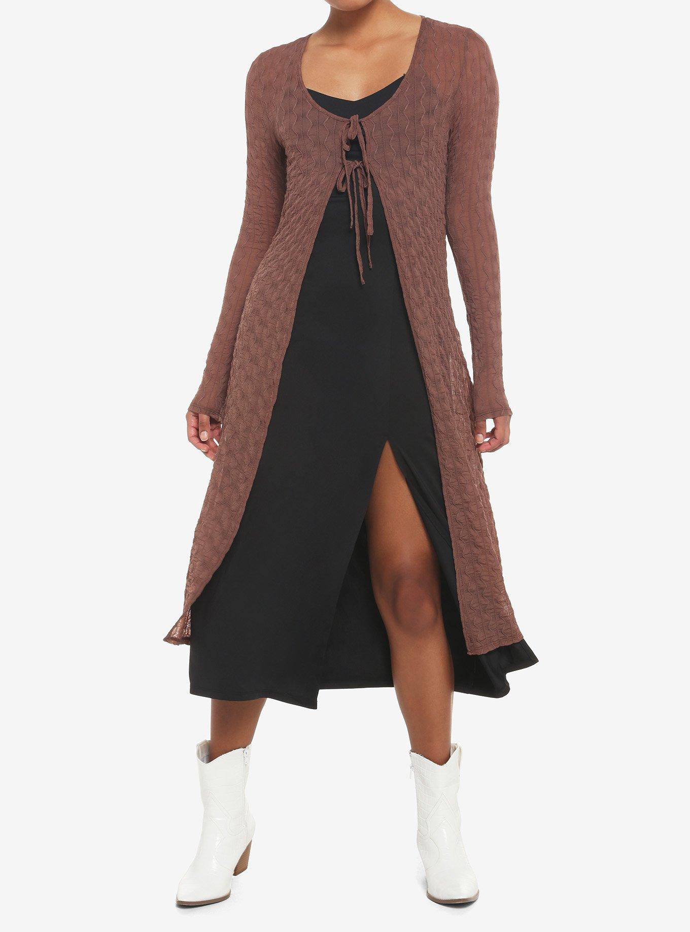 Brown Textured Tie-Front Duster, BROWN, alternate