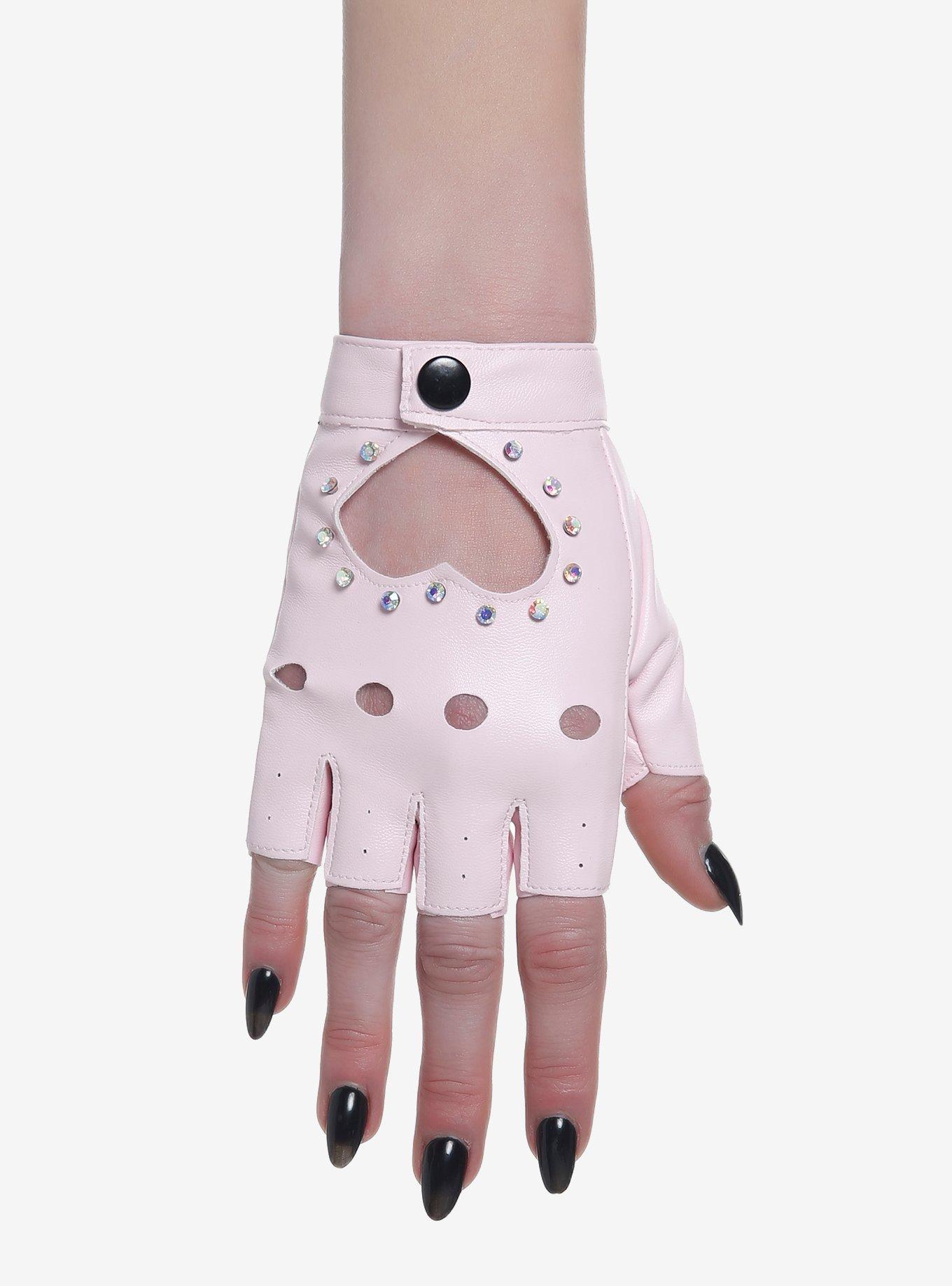 Pink Heart Cutout Moto Fingerless Gloves, , alternate