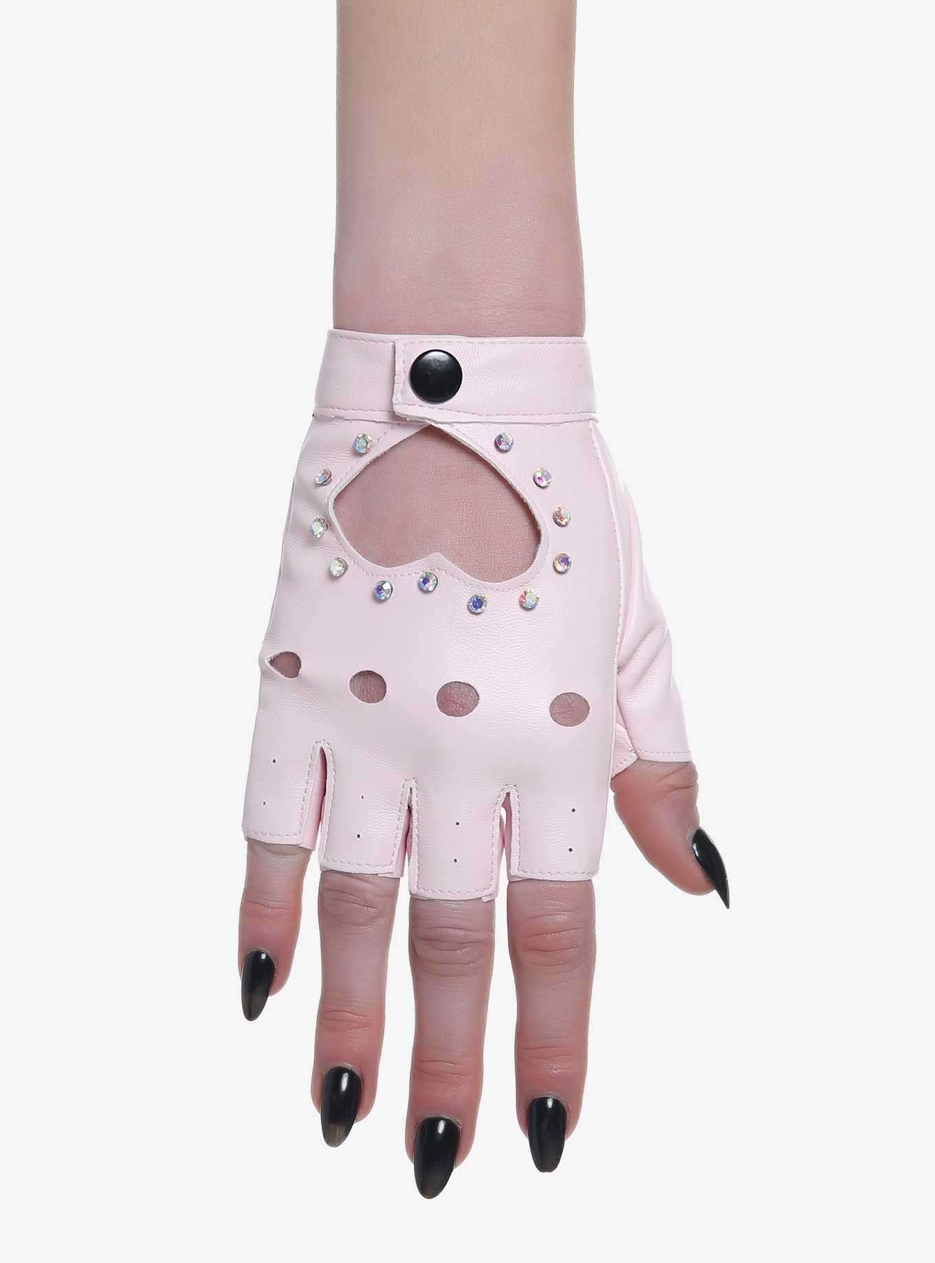 Pink Heart Cutout Moto Fingerless Gloves, , hi-res