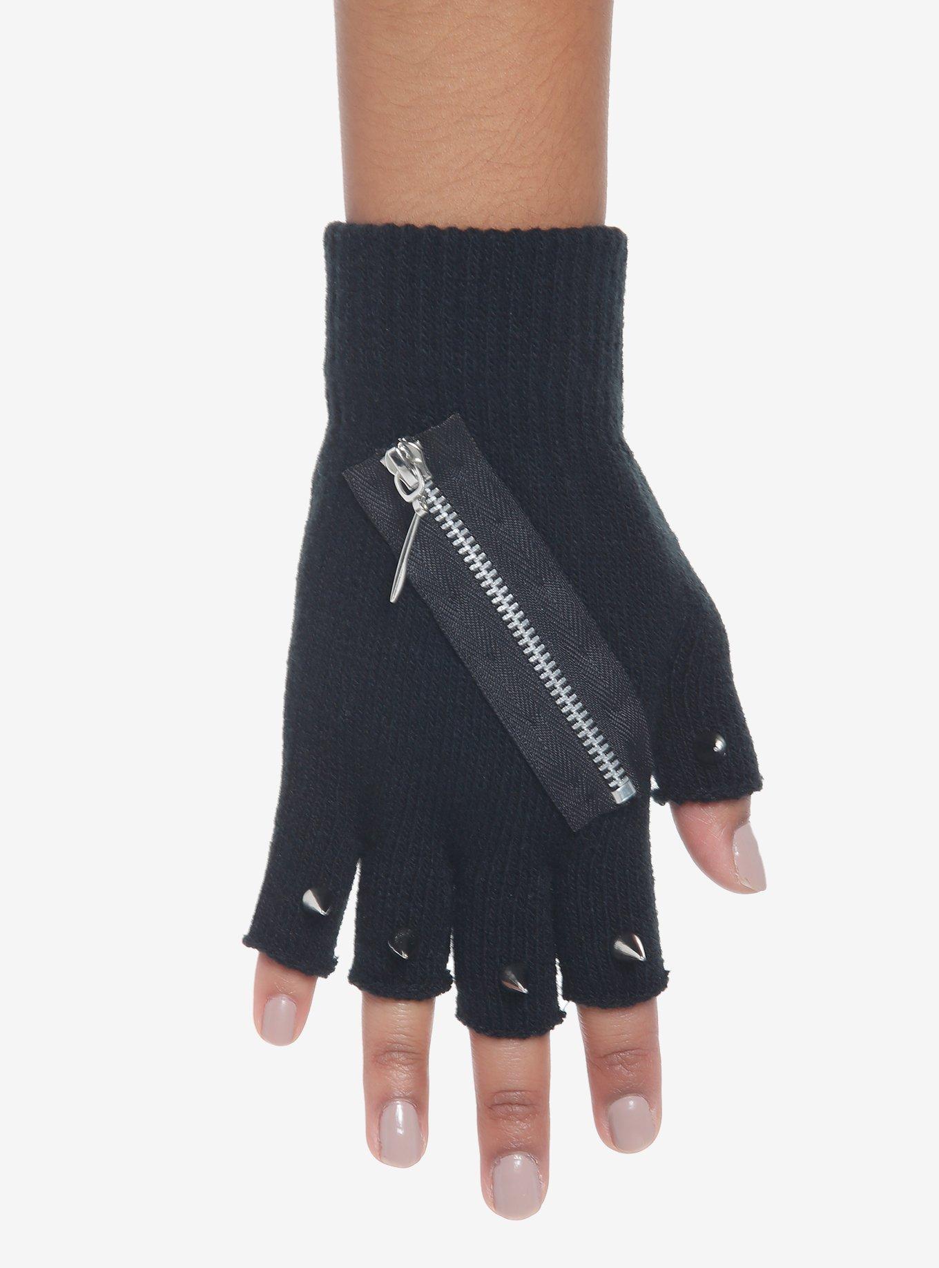 Black Zipper Fingerless Gloves, , alternate