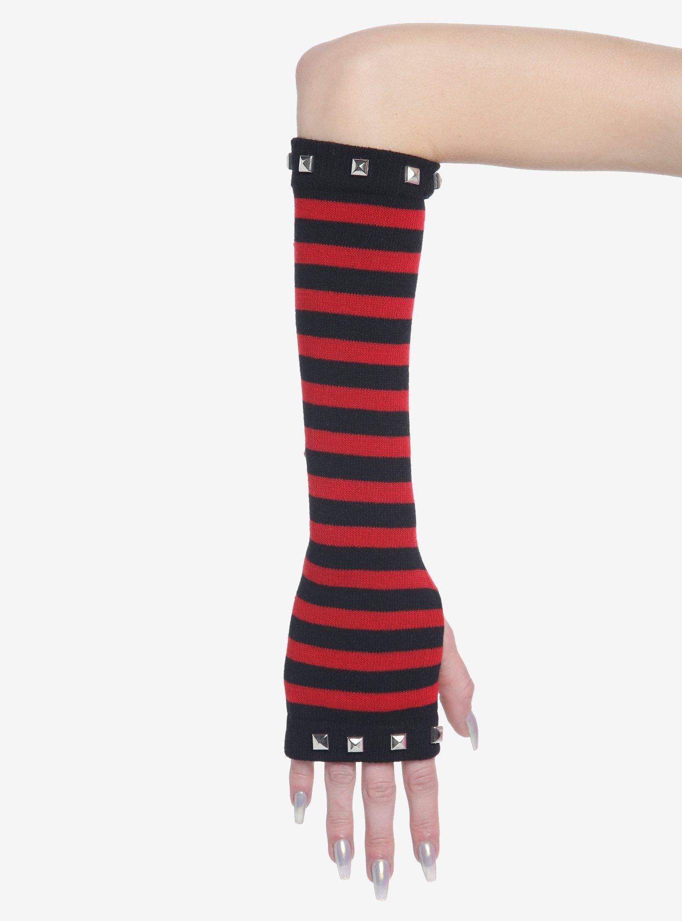 Red & Black Stripe Stud Arm Warmers, , alternate