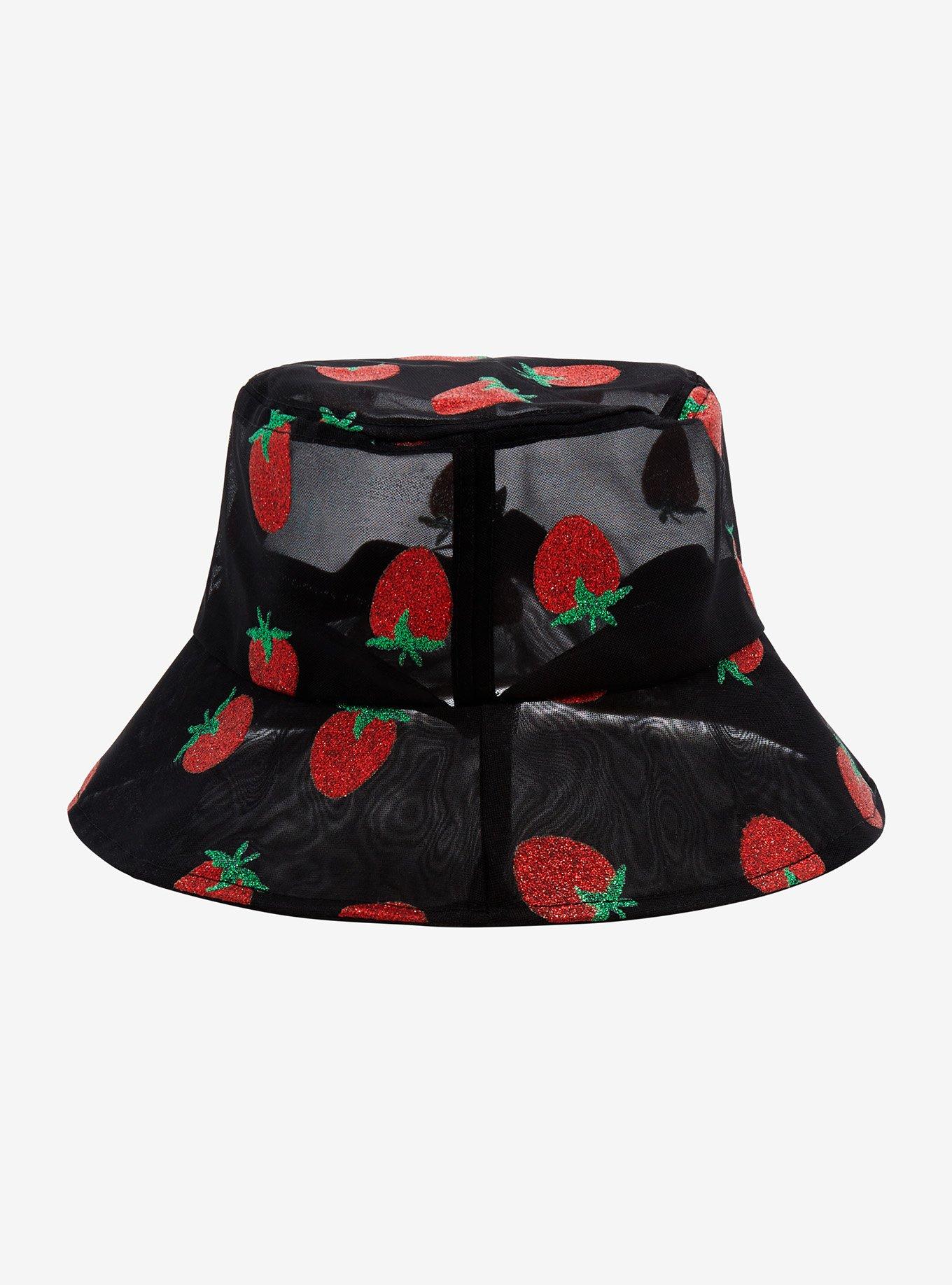 Black Mesh Glitter Strawberry Bucket Hat, , alternate