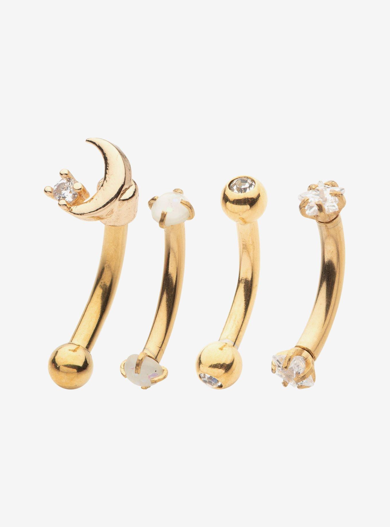Steel Gold Celestial Gem Eyebrow Barbell 4 Pack, GOLD, alternate