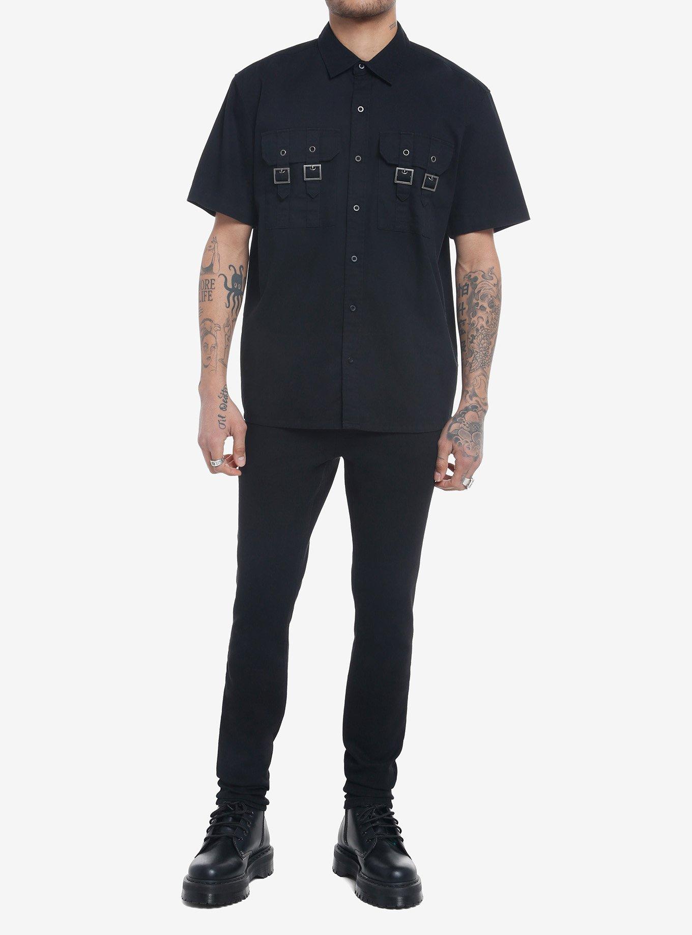 Black Strap Hardware Woven Button-Up, BLACK, alternate