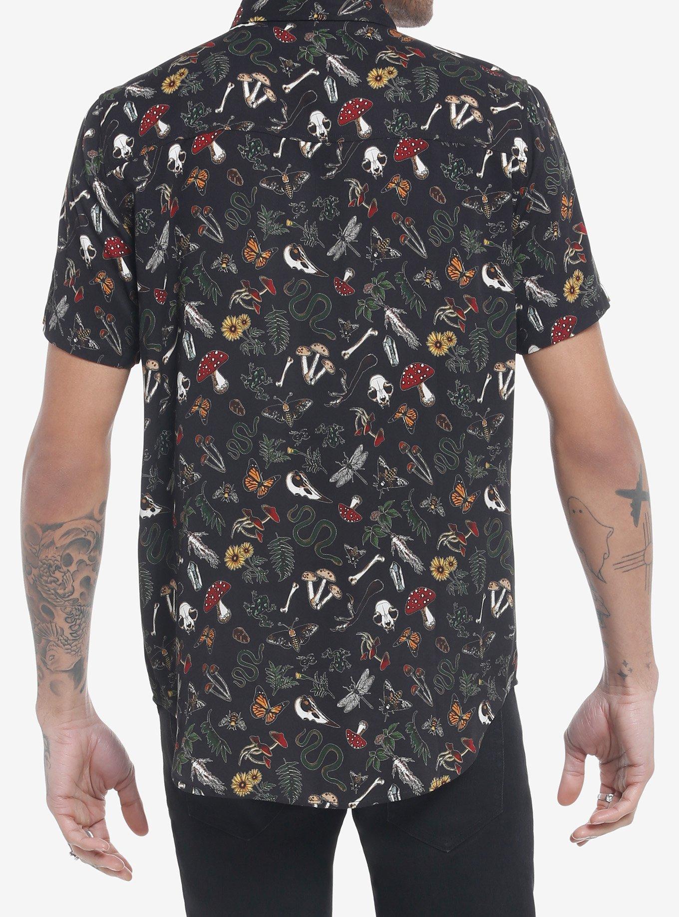 Dark Mushroom Forest Creatures Woven Button-Up, BLACK, alternate