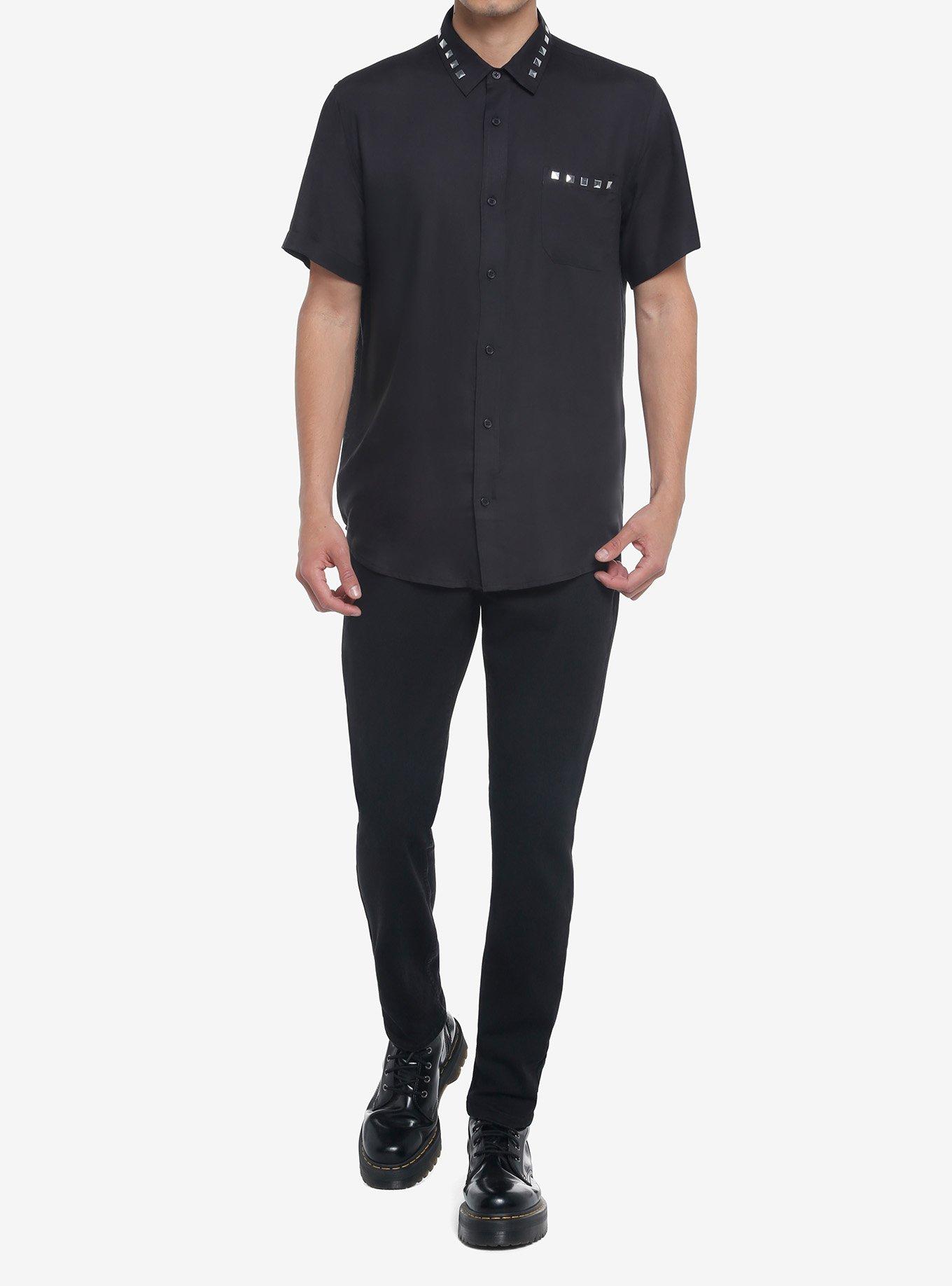 Pyramid Stud Collar Woven Button-Up, BLACK, alternate