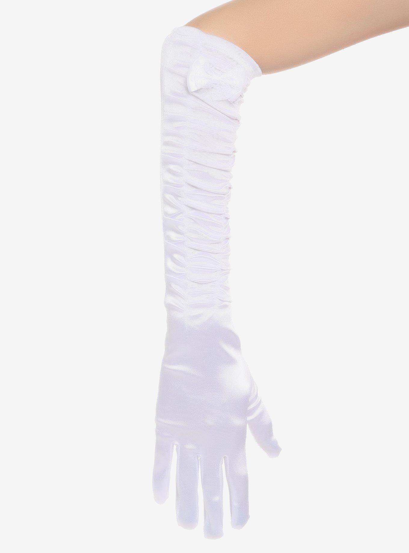White Ruched Long Gloves, , alternate