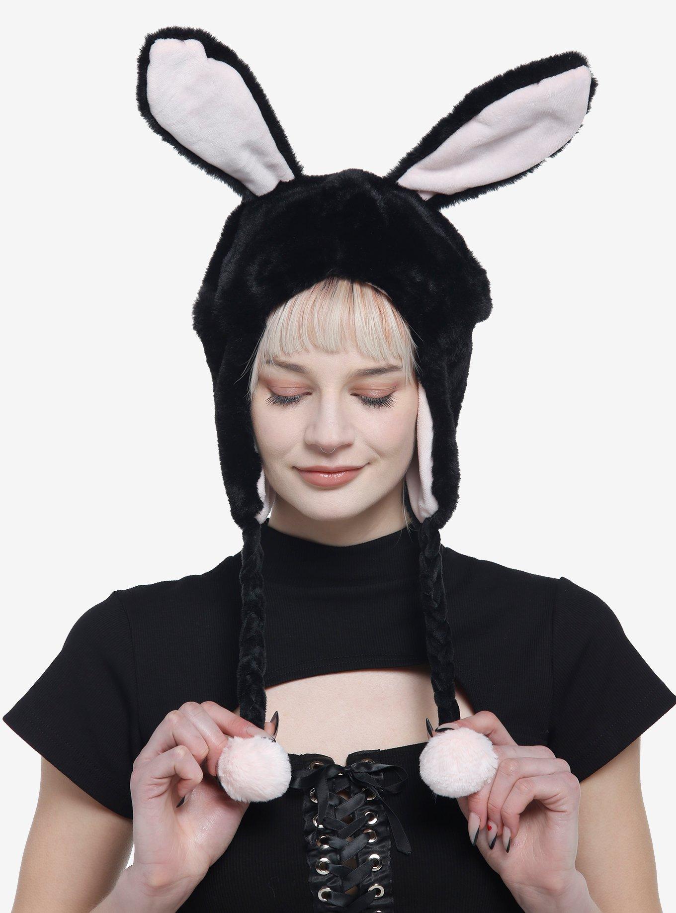 Black Bunny Ear Tassel Beanie, , alternate