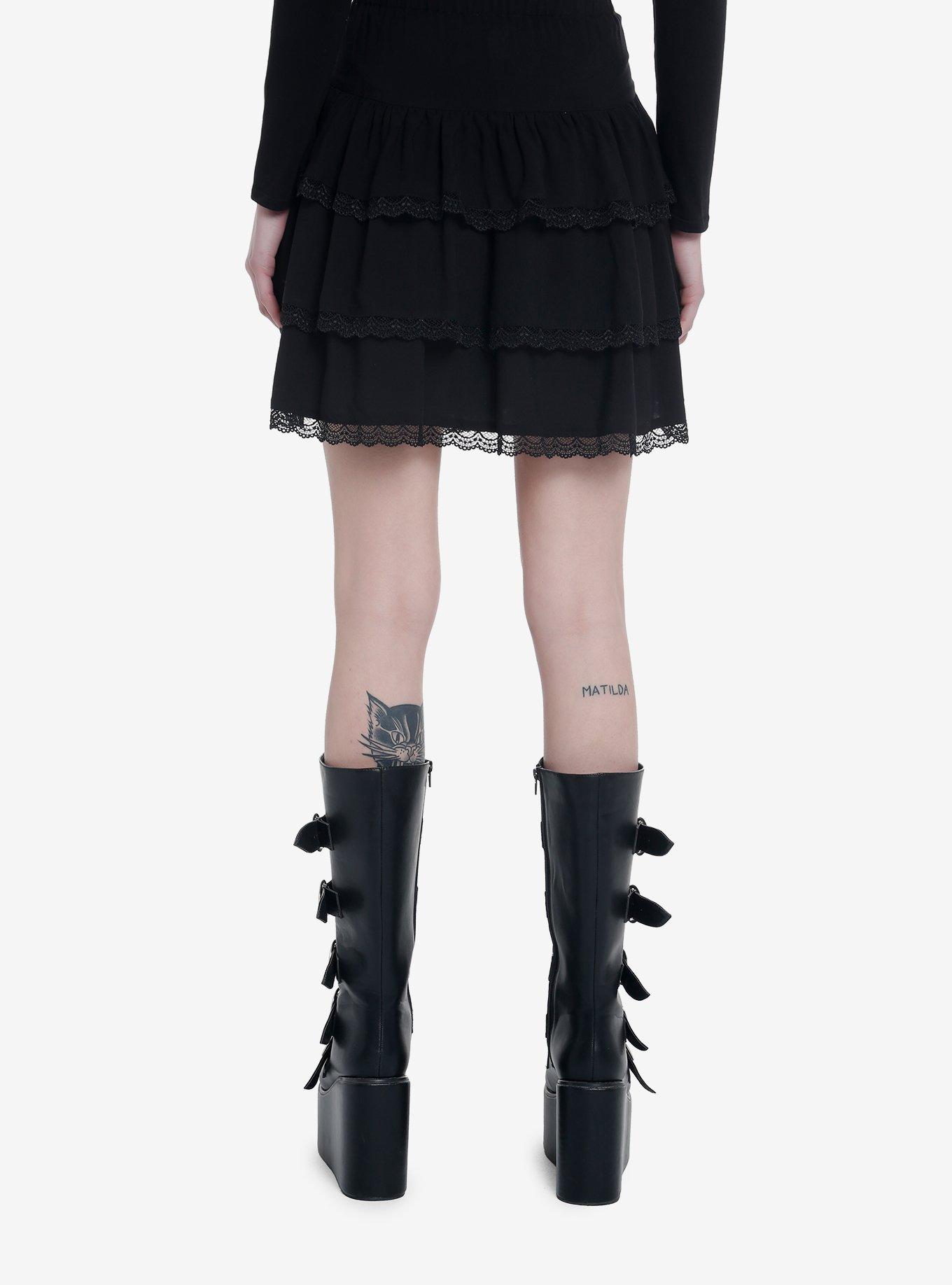 Thorn & Fable Black Lace Grommet Tiered Skirt, , hi-res