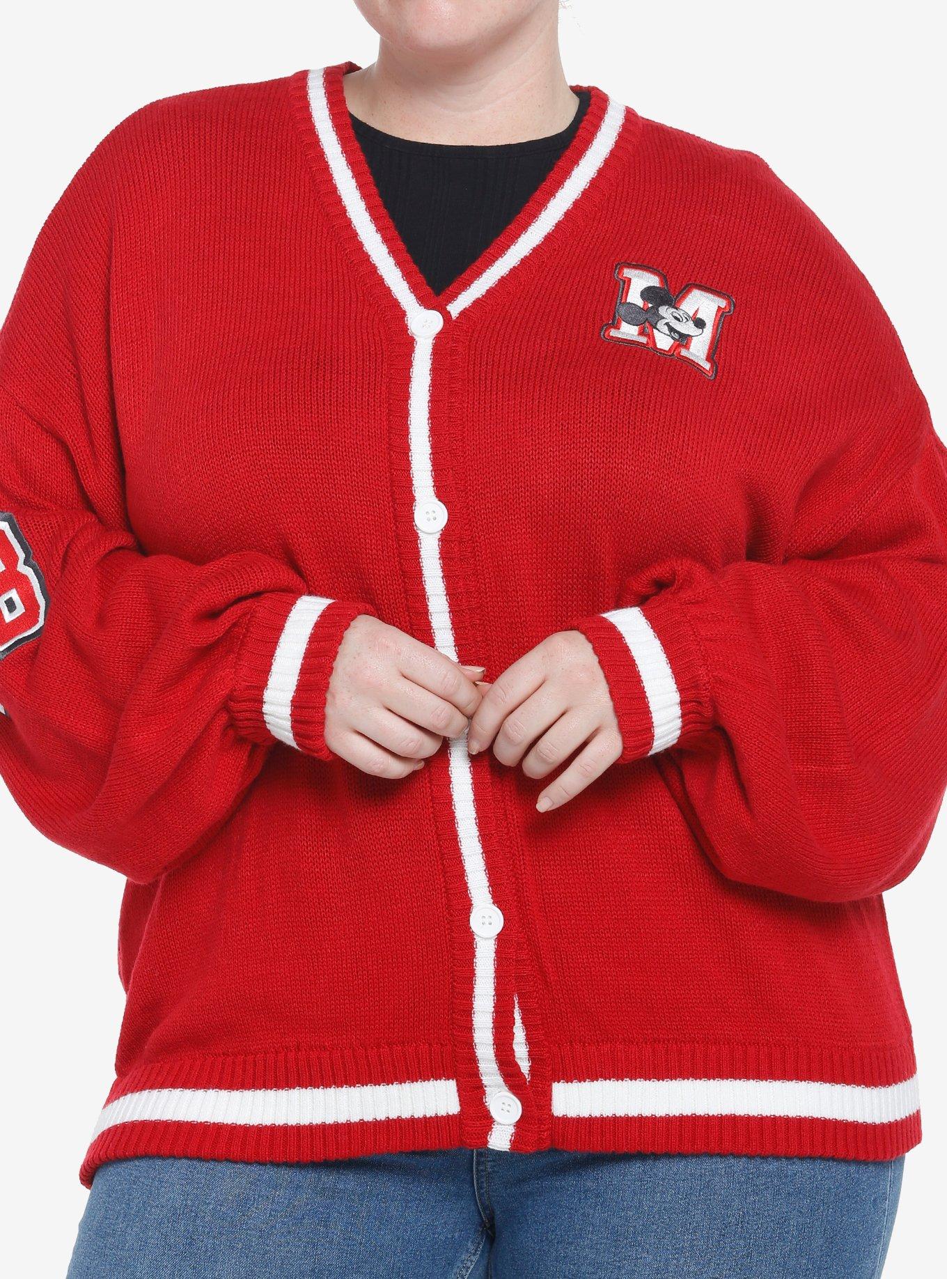 Her Universe Disney100 Mickey Mouse Club Vintage Varsity Cardigan Plus Size, RED  WHITE, alternate
