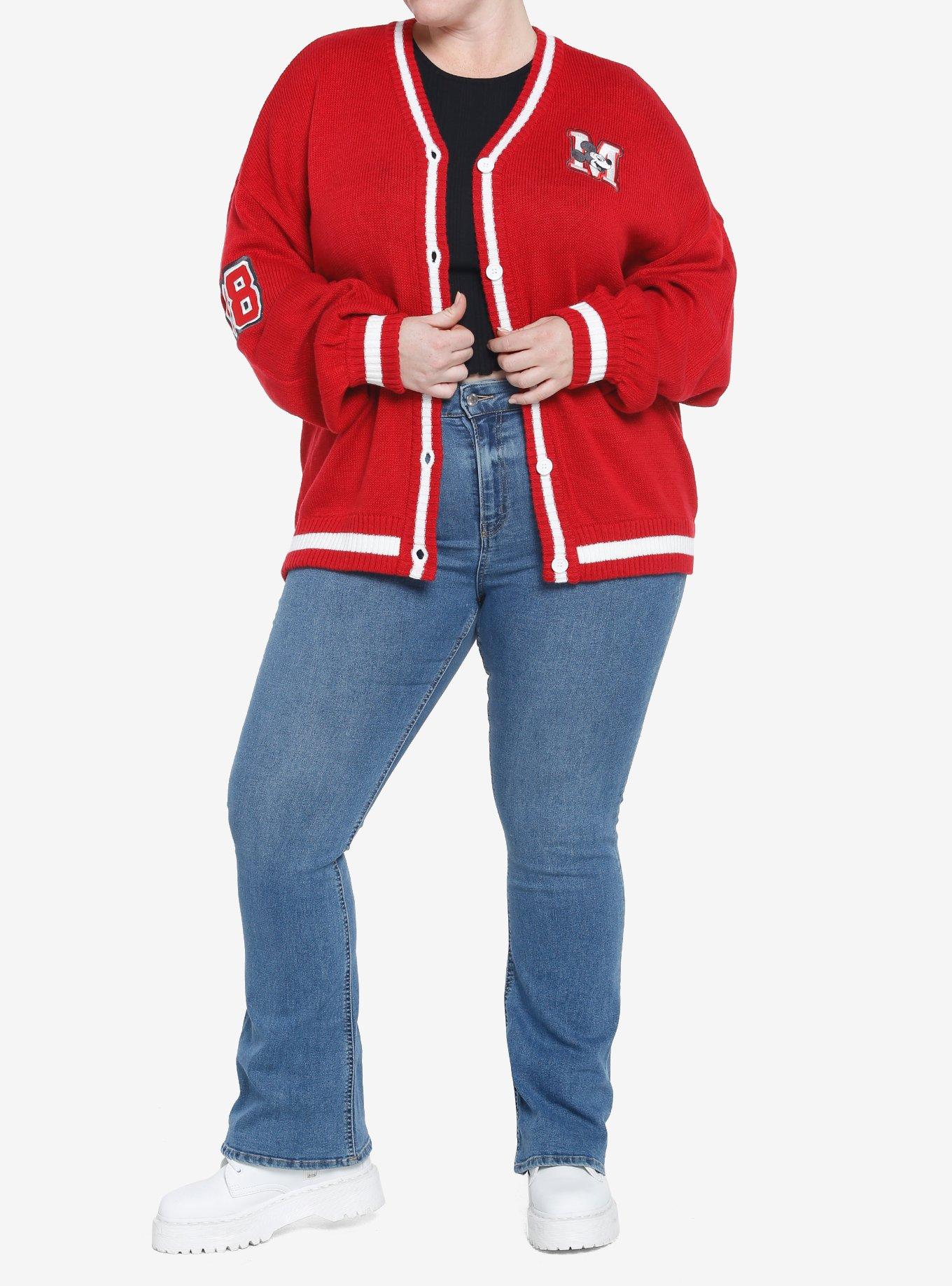 Her Universe Disney100 Mickey Mouse Club Vintage Varsity Cardigan Plus Size, RED  WHITE, alternate
