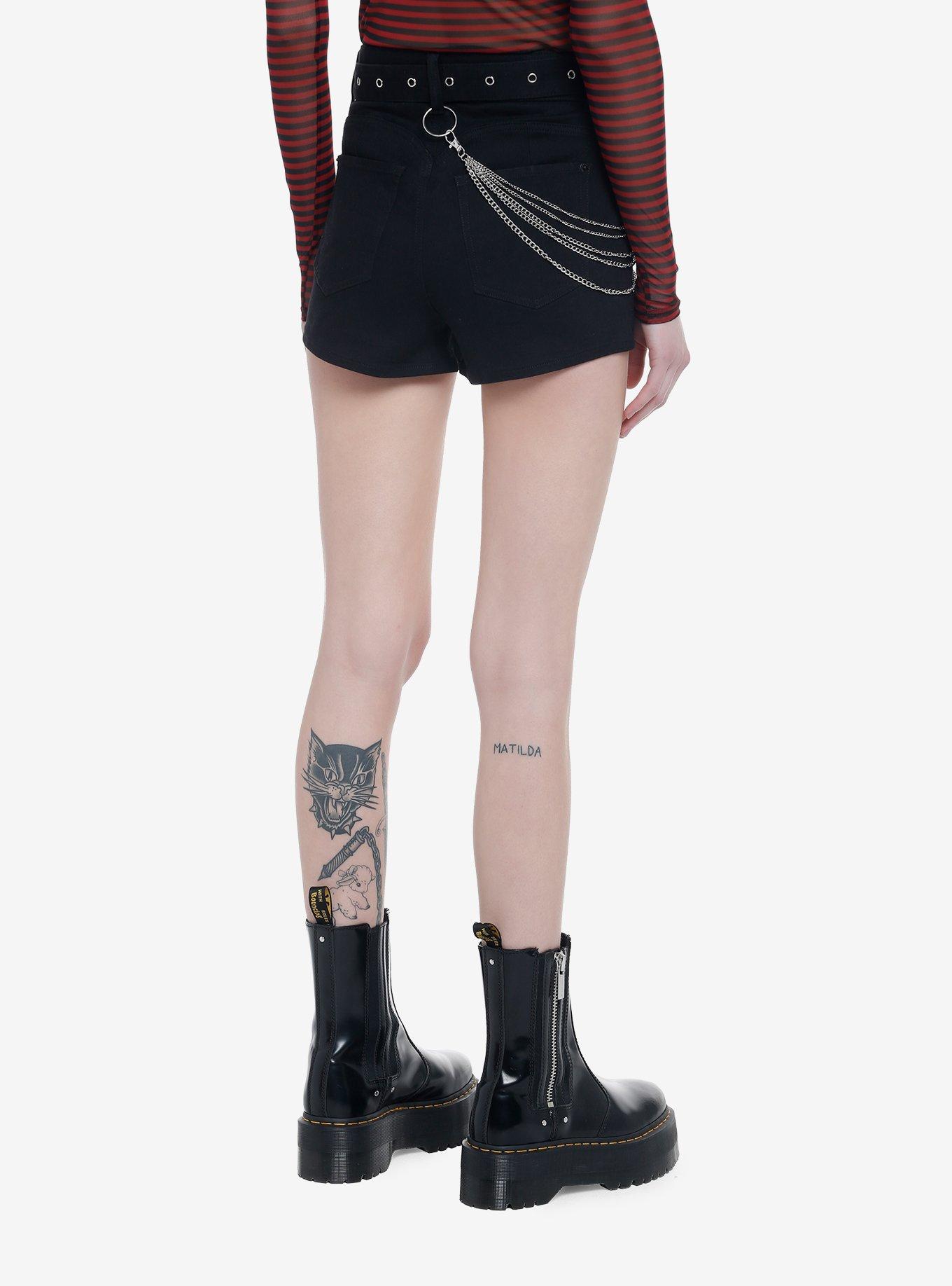 Black Denim Chain Belt Girls Shorts, BLACK, alternate
