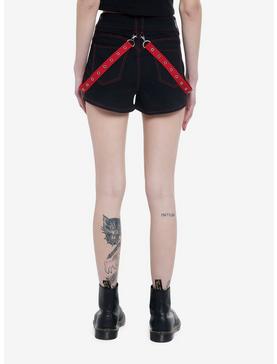 Black & Red Contrast Stitch Suspender Shorts, , hi-res