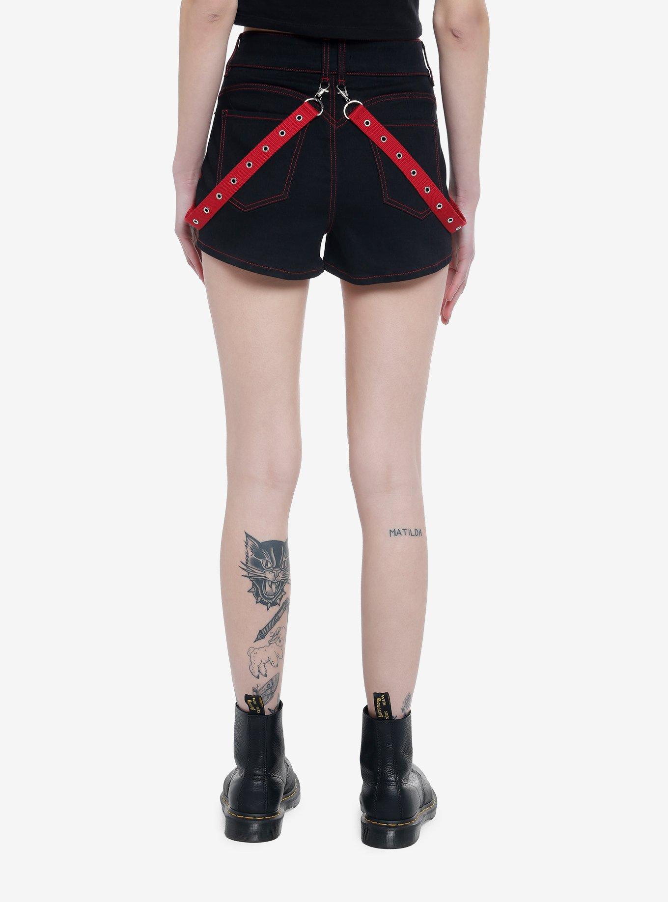 Black & Red Contrast Stitch Suspender Shorts, , hi-res