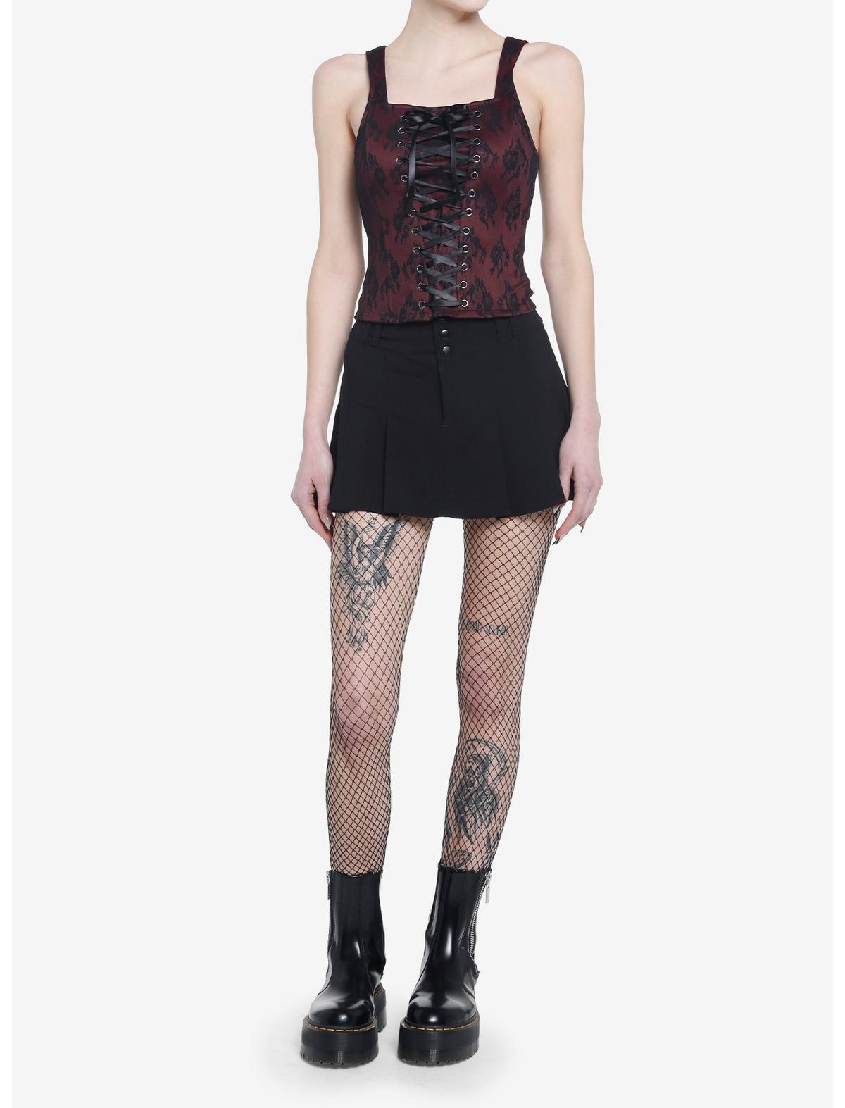 Burgundy & Black Lace-Up Corset Top, MULTI, alternate