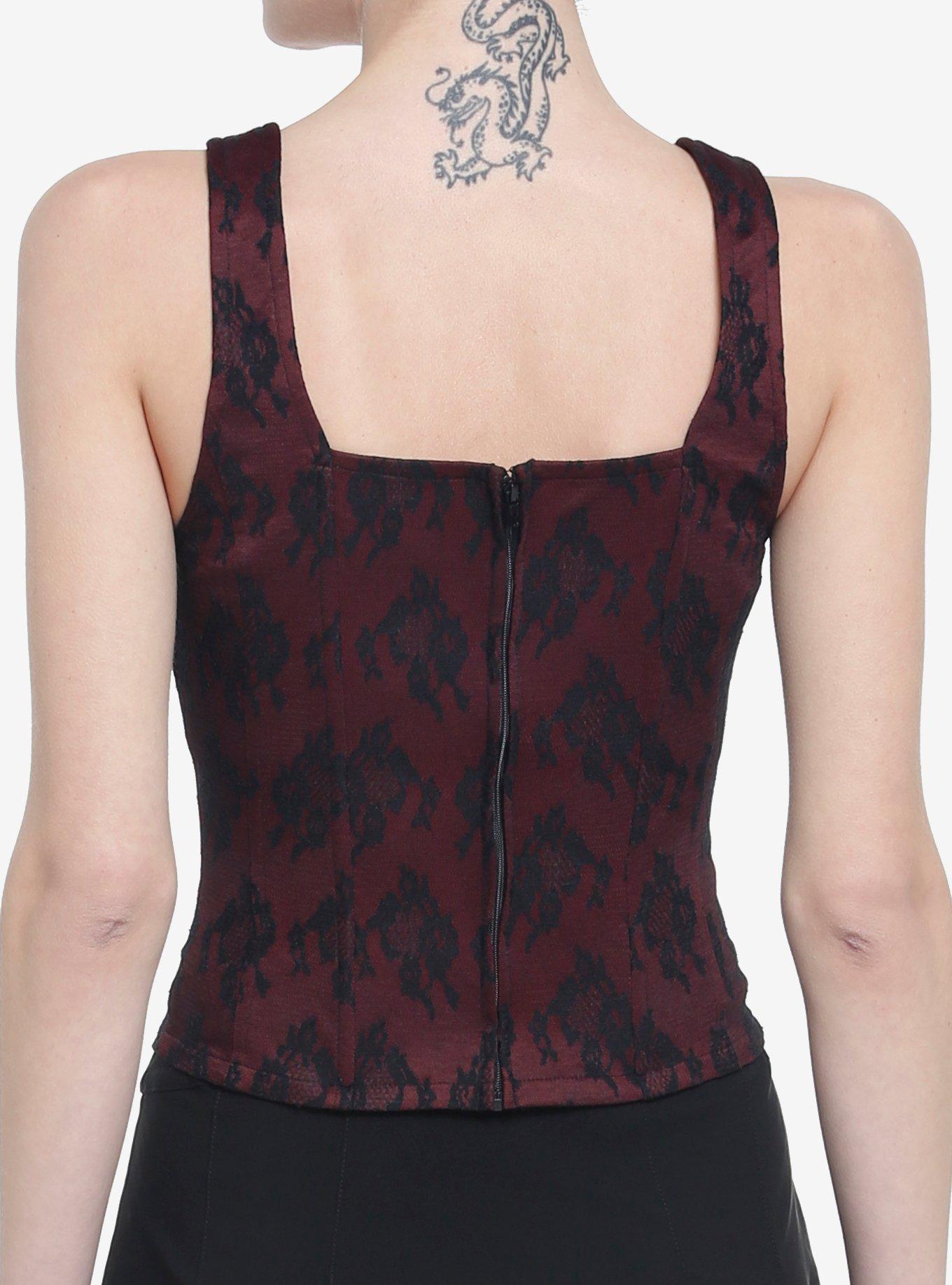 Burgundy & Black Lace-Up Corset Top, MULTI, alternate