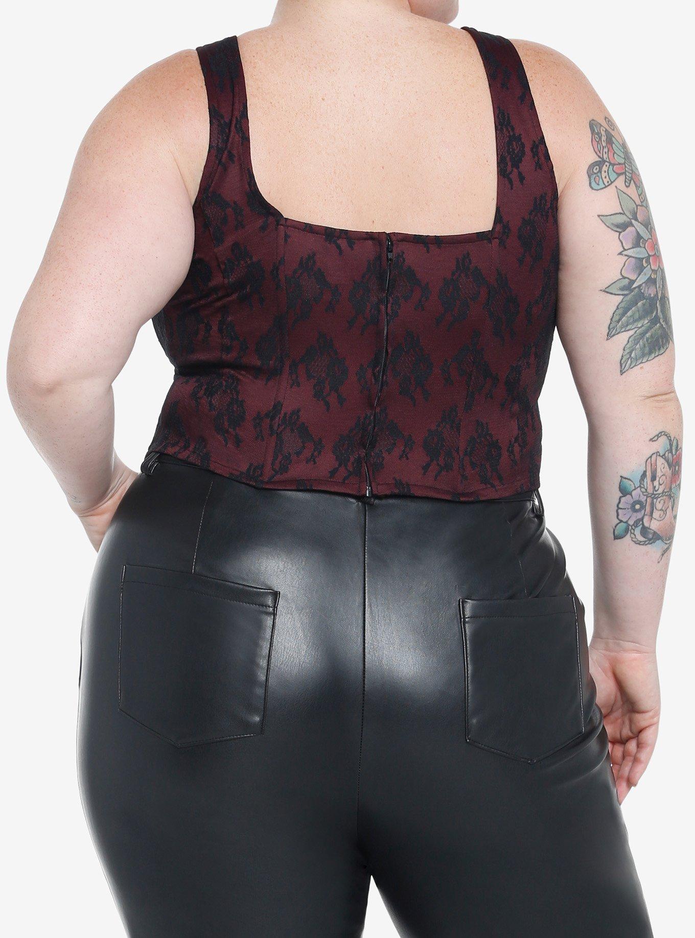 Burgundy & Black Lace-Up Corset Top Plus Size, MULTI, alternate