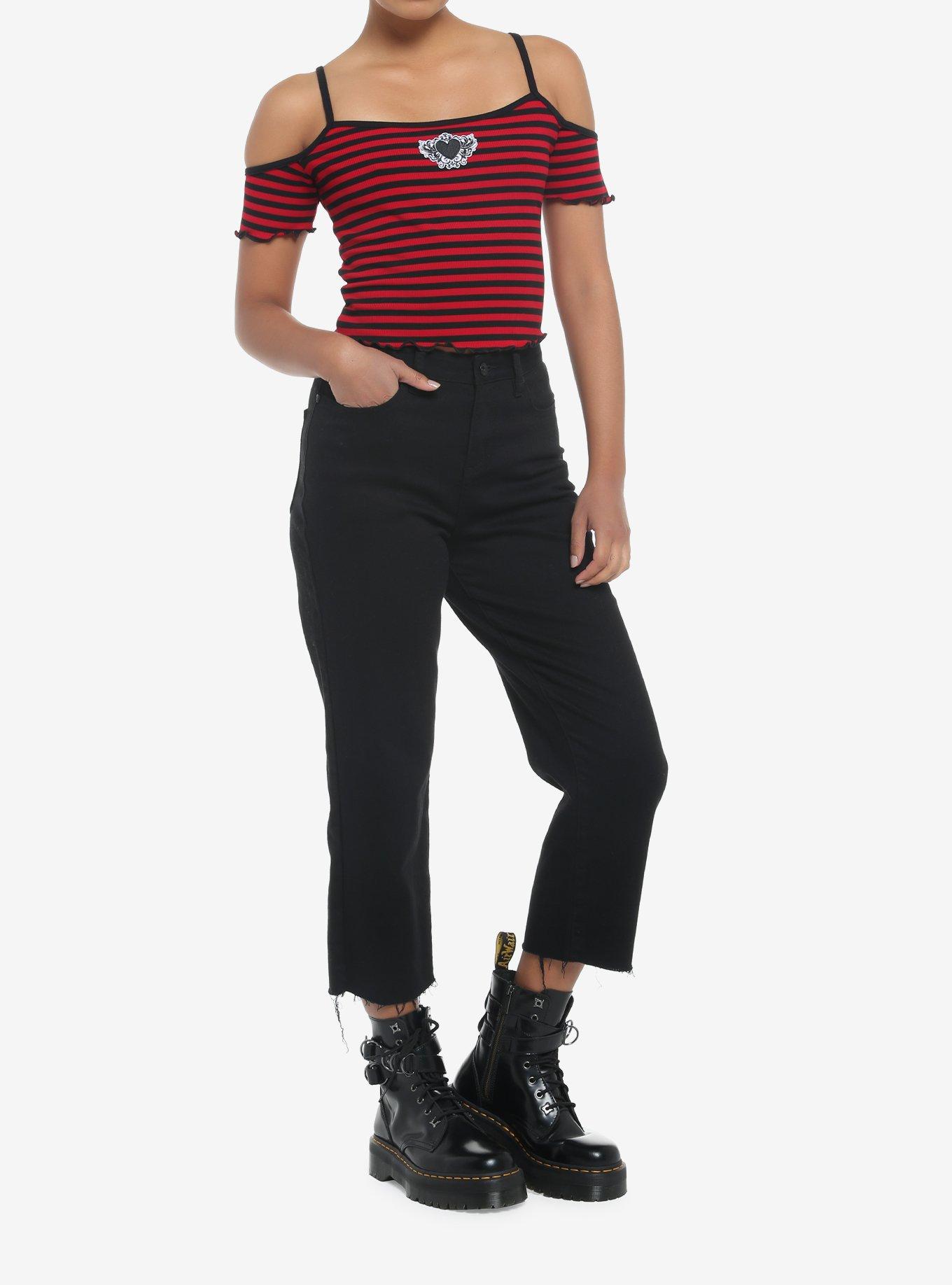 Black & Red Stripe Heart Cold Shoulder Girls Top, STRIPES - RED, alternate