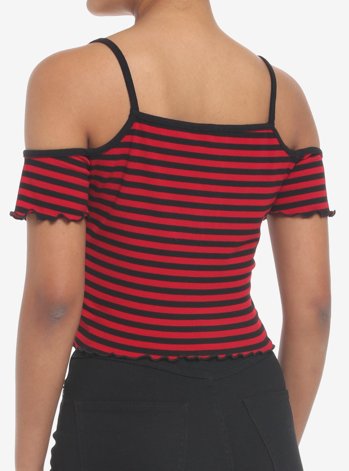 Black & Red Stripe Heart Cold Shoulder Girls Top, STRIPES - RED, alternate