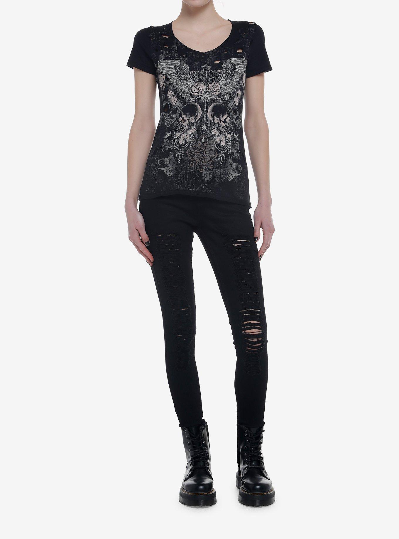 Dark Skull Cross Distressed Girls T-Shirt, BLACK, alternate