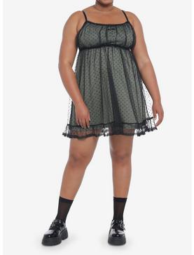 Sage Green Polka Dot Mesh Slip Dress Plus Size, , hi-res