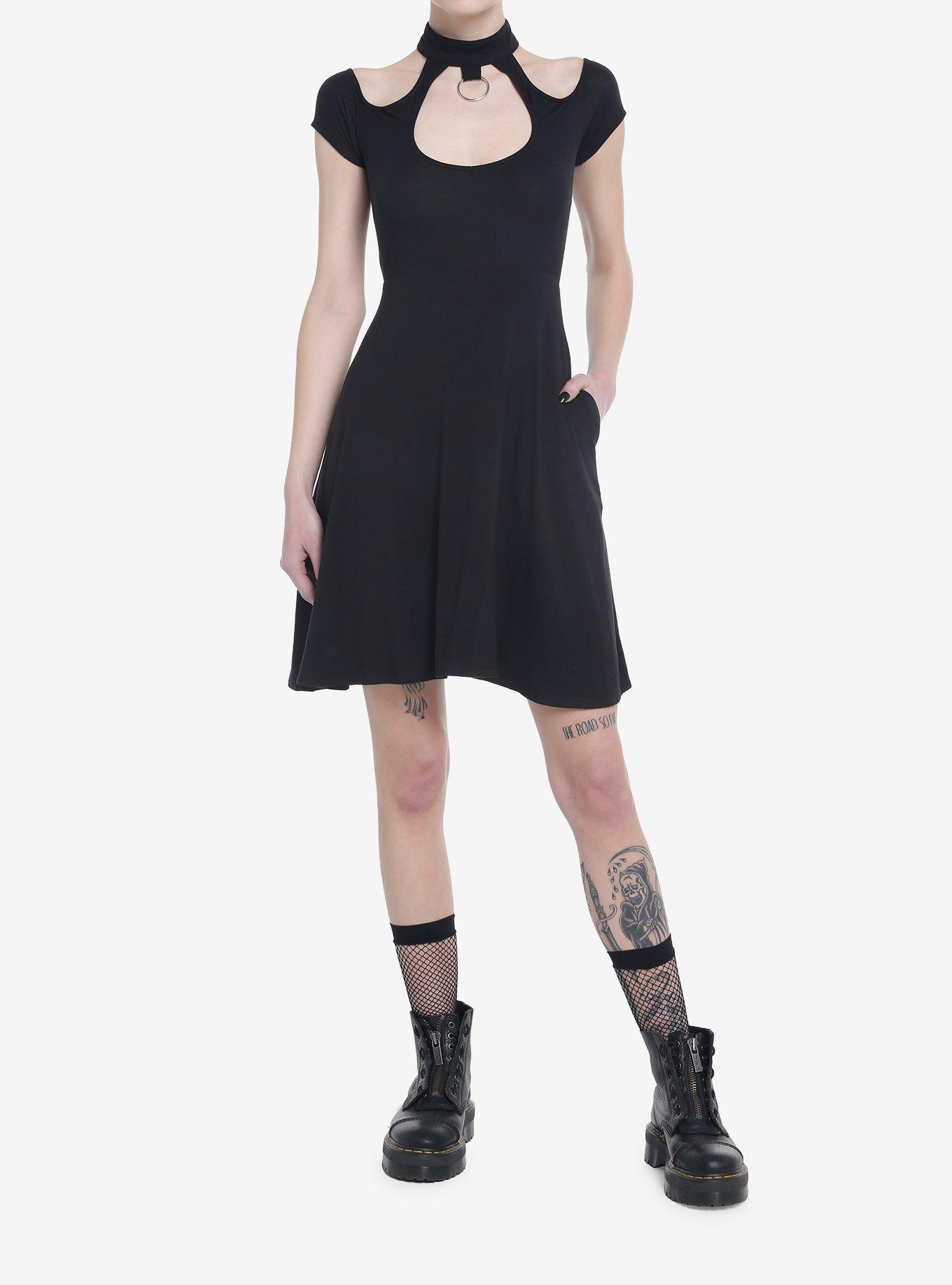 Social Collision Black Choker O-Ring Dress, BLACK, alternate
