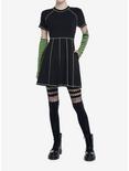 Social Collision Black & Green Contrast Stitch Arm Warmer Dress, STRIPE - GREEN, alternate