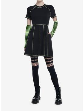 Social Collision Black & Green Contrast Stitch Arm Warmer Dress, , hi-res