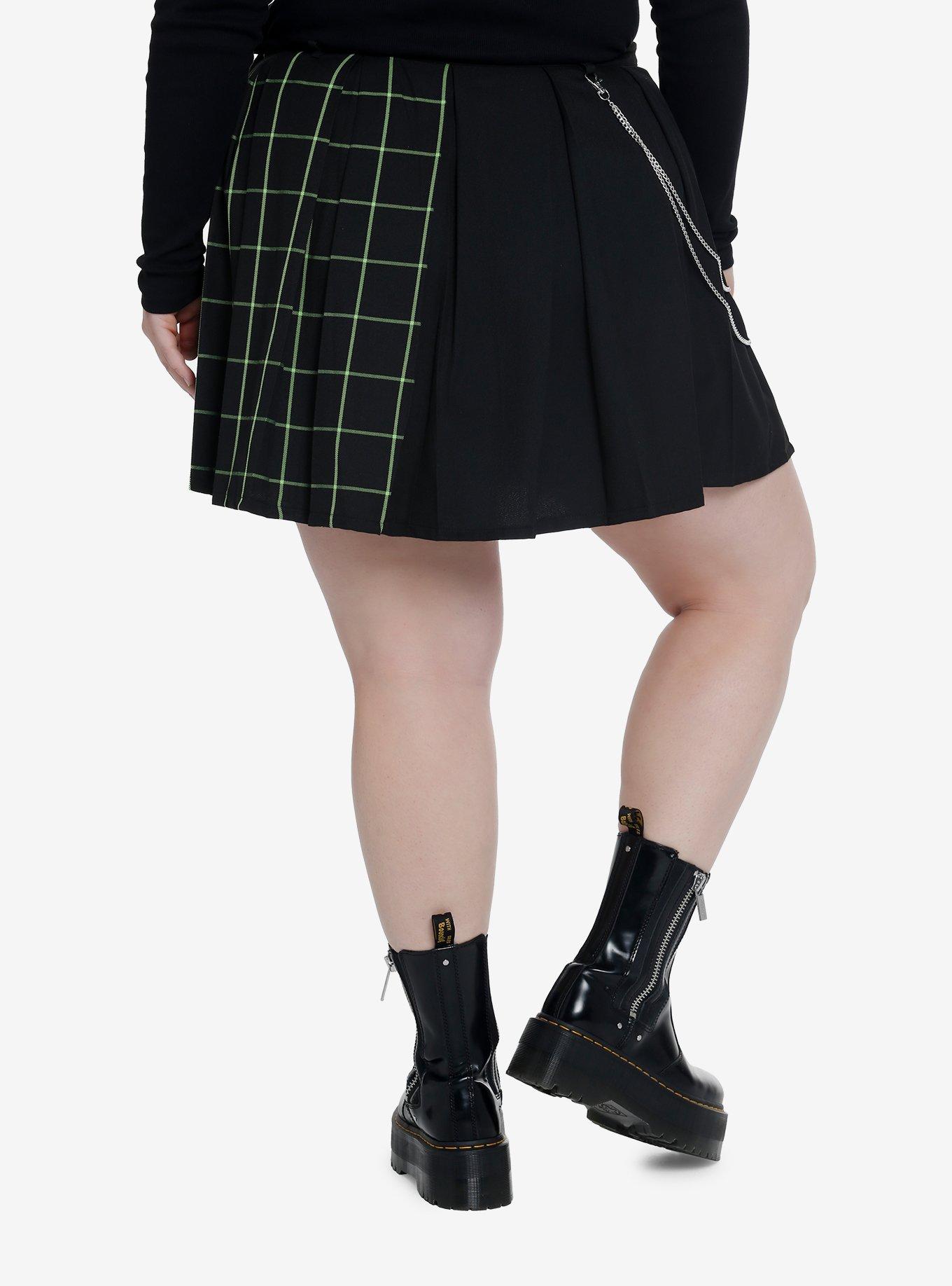 Social Collision Black & Green Grid Split Chain Skirt Plus Size, , hi-res
