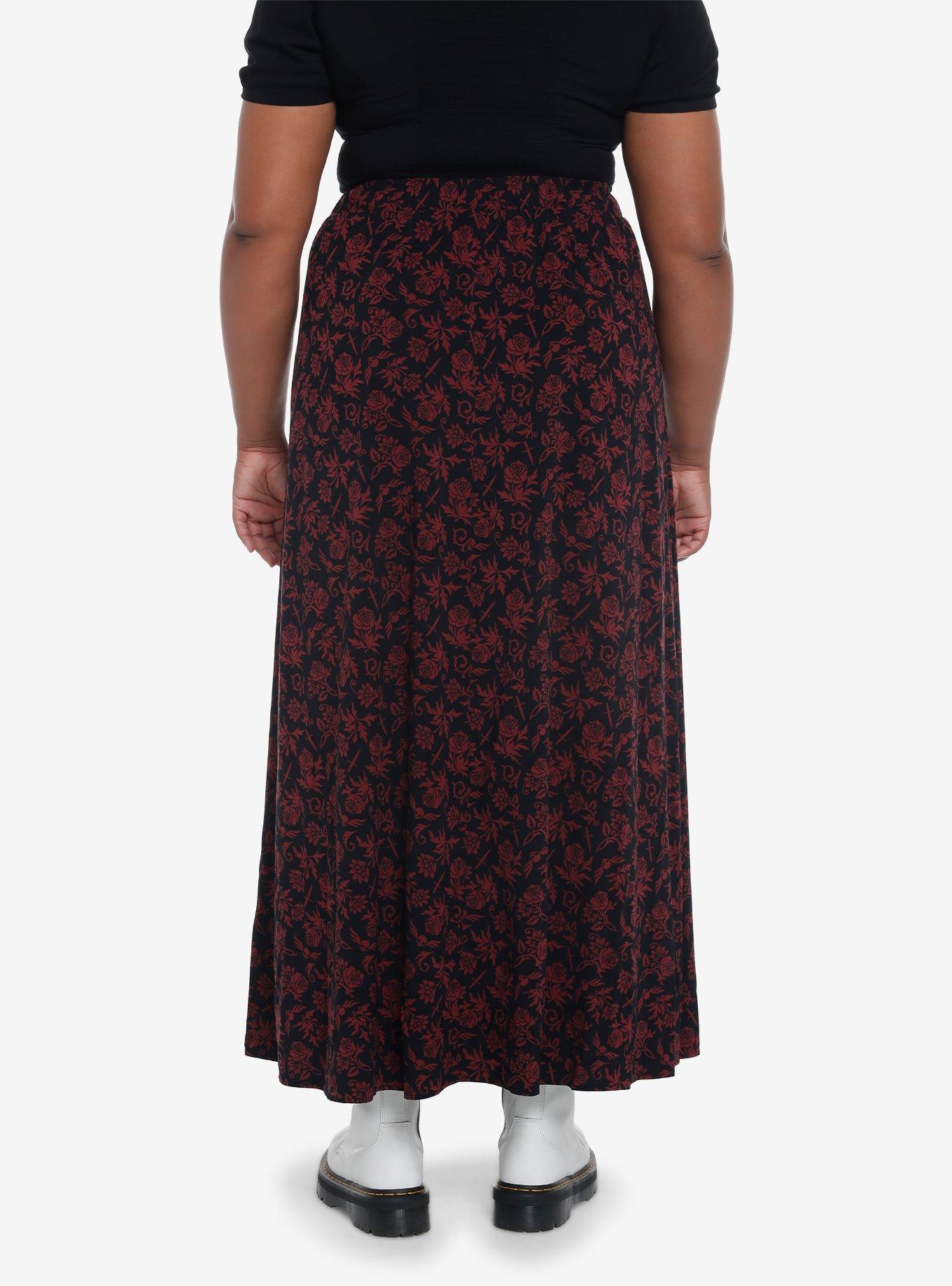 Black & Red Floral Skull Maxi Skirt Plus Size, MODERN SWING, alternate