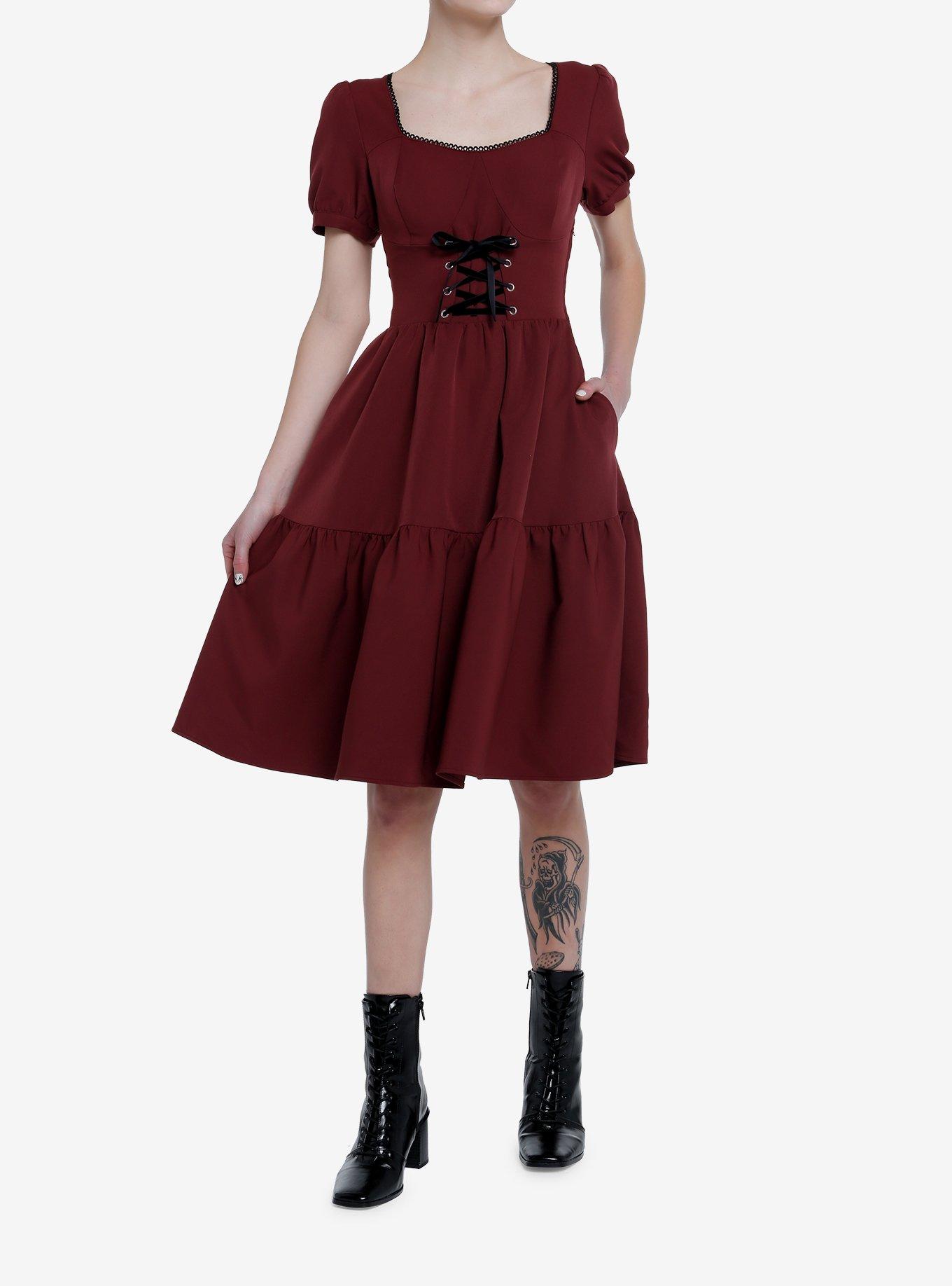 Thorn & Fable Burgundy Lace-Up Tiered Dress, , hi-res