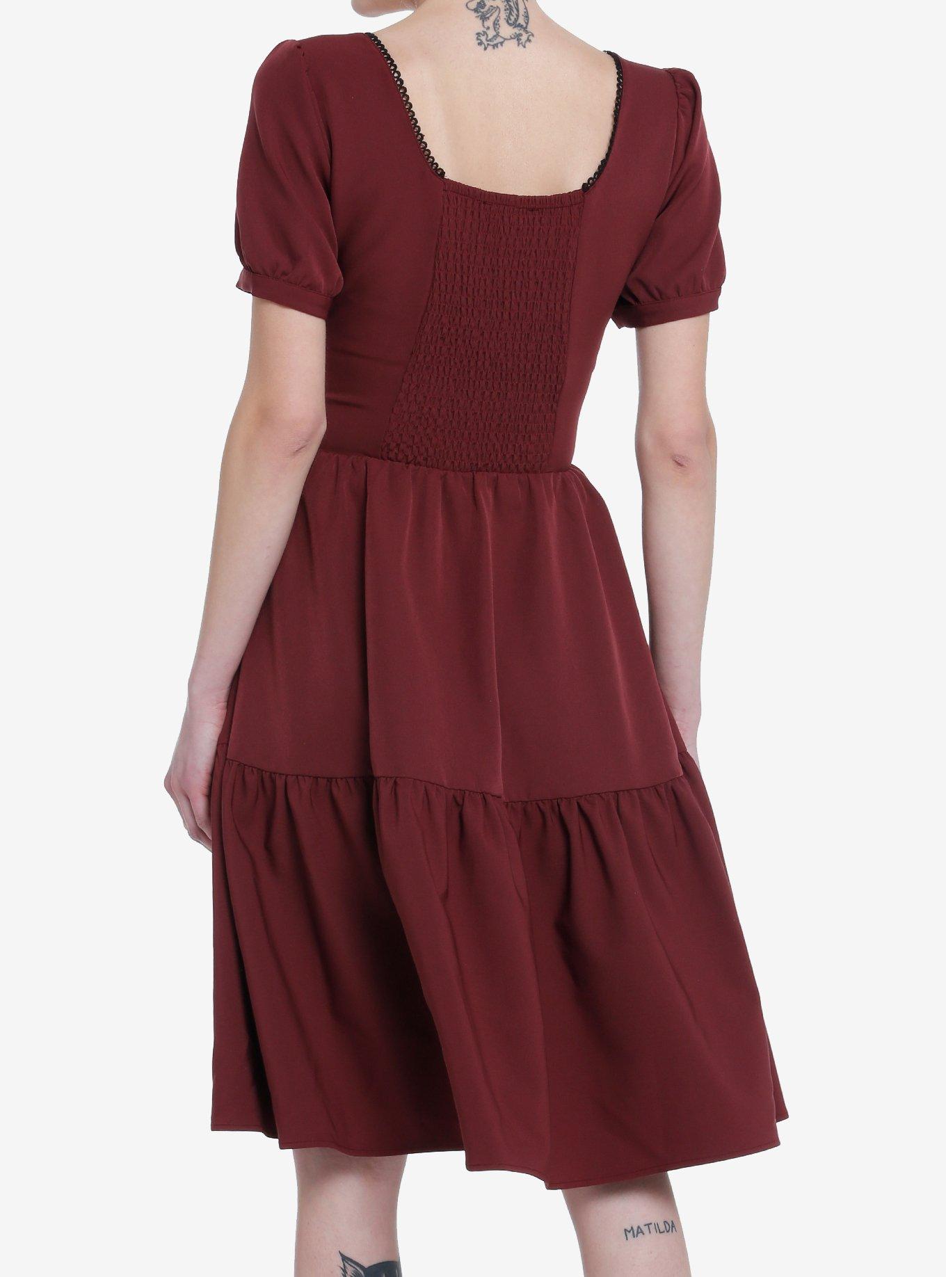 Thorn & Fable Burgundy Lace-Up Tiered Dress, BRIGHT WHITE, alternate