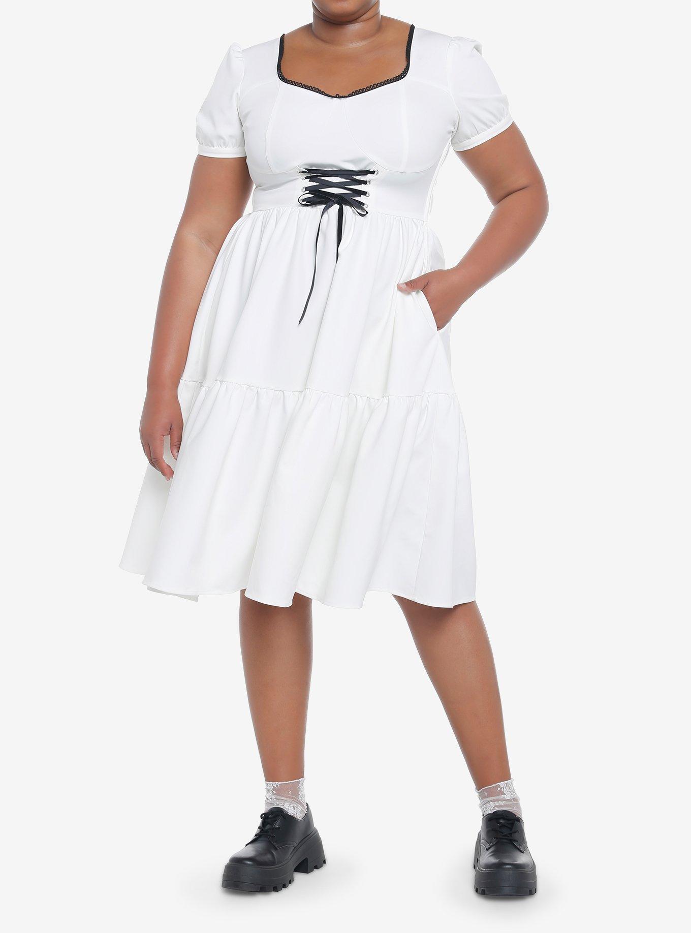 Ivory Corset Tiered Dress Plus Size, BRIGHT WHITE, alternate