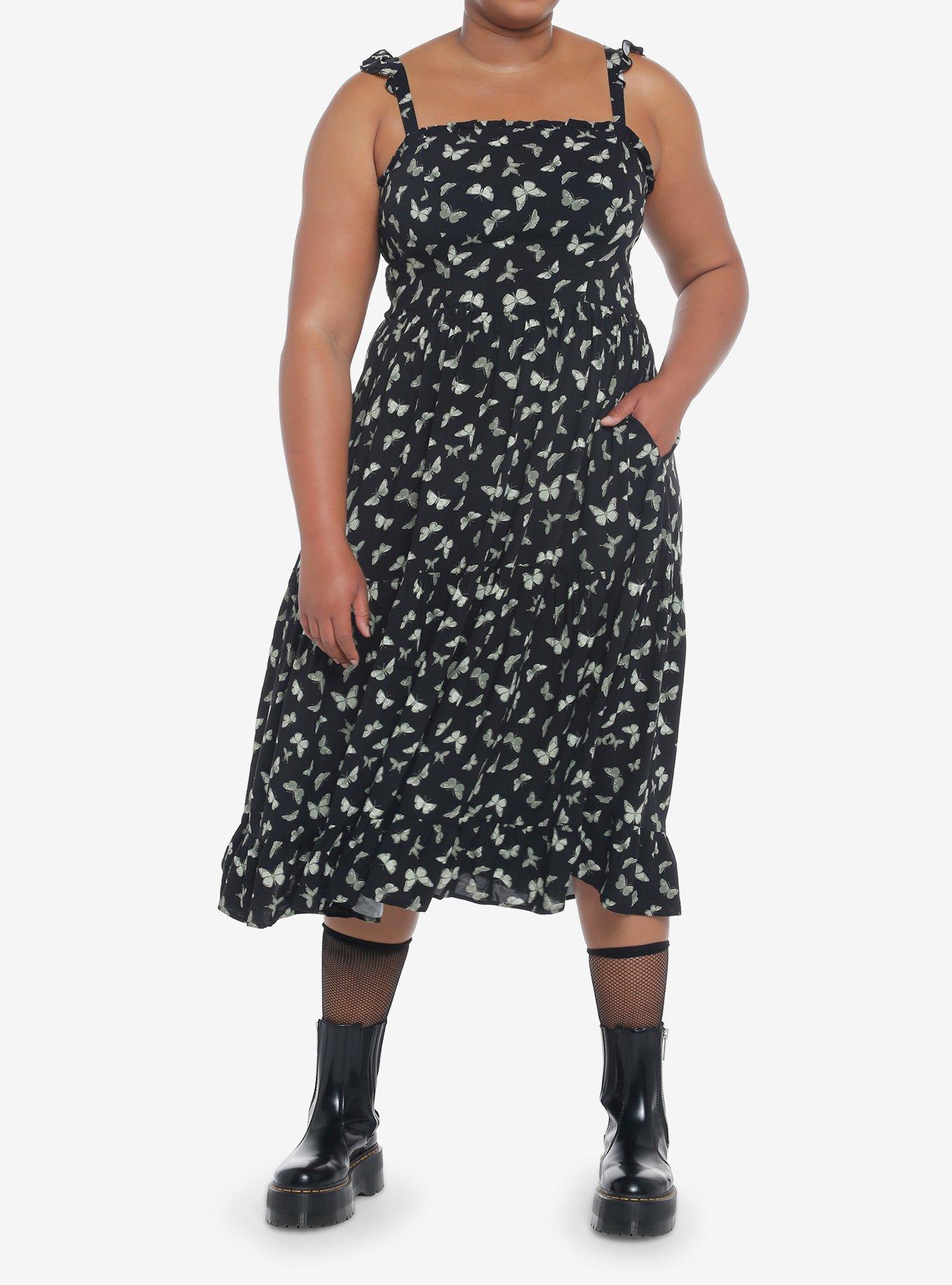 Black & Green Butterfly Ruffle Cami Midi Dress Plus Size, MULTI, alternate