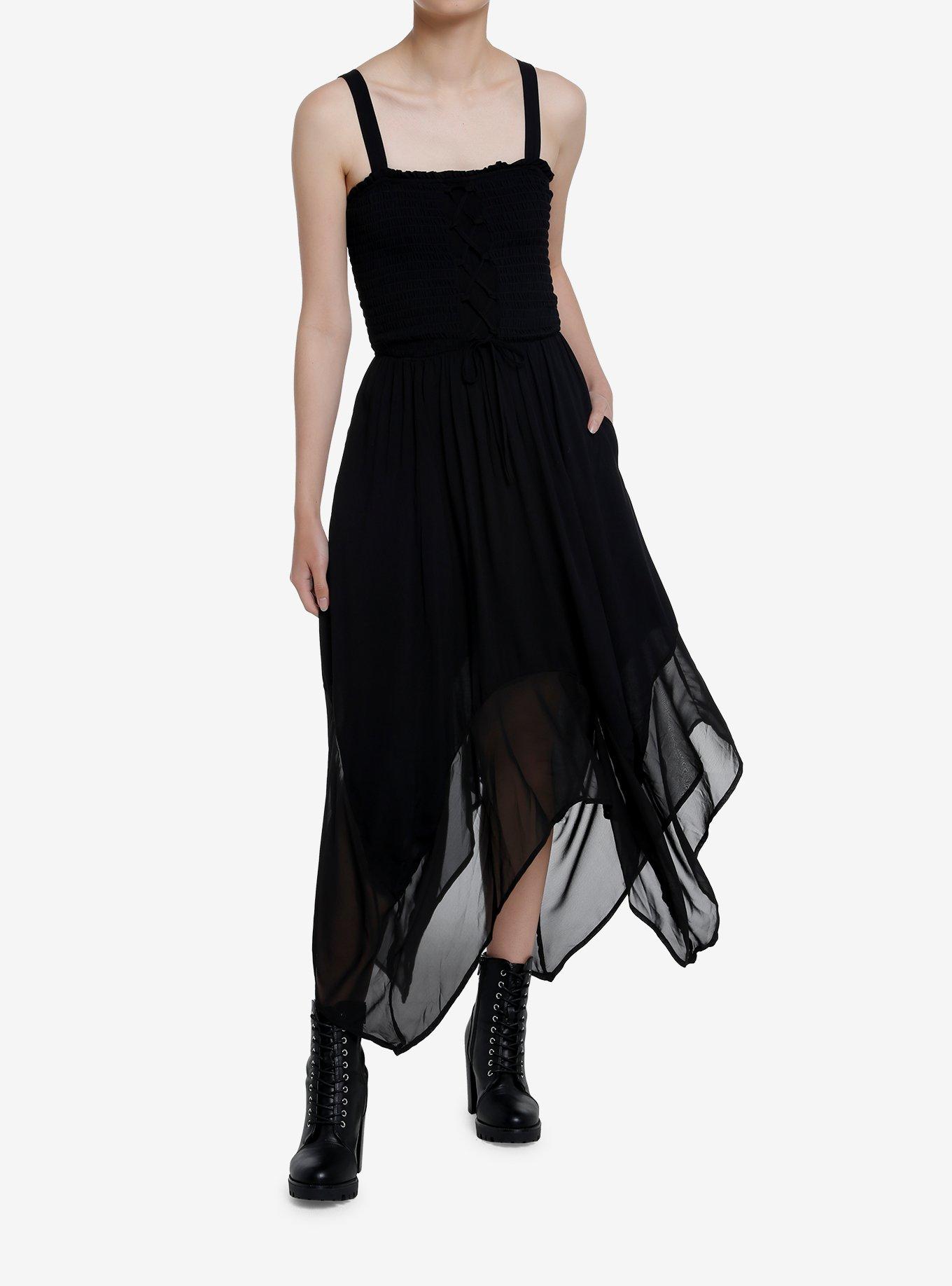 Thorn & Fable Black Lace-Up Hanky Hem Dress, BLACK, alternate