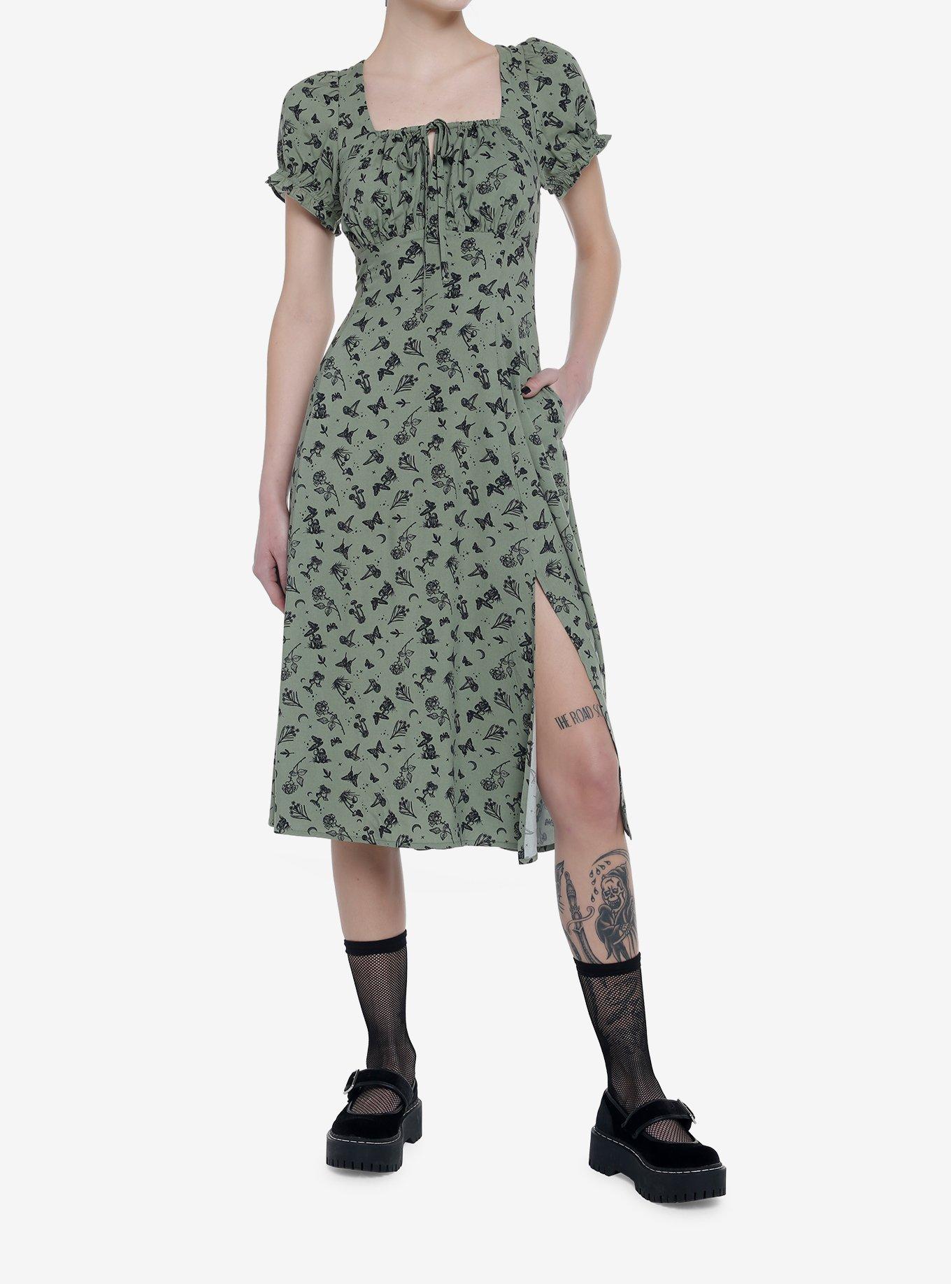 Green Butterfly Mushroom Empire Midi Dress, GREEN, alternate