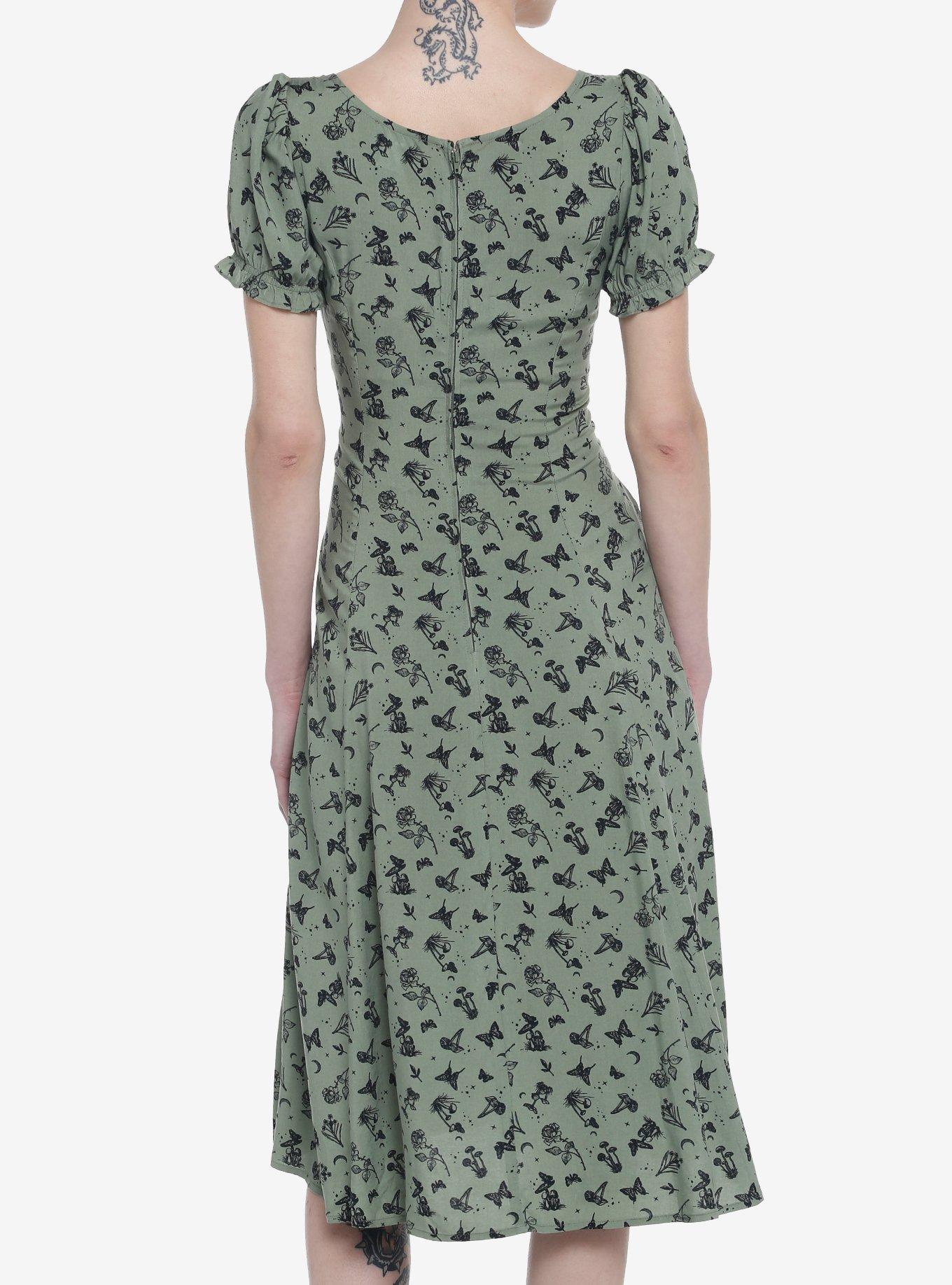 Green Butterfly Mushroom Empire Midi Dress, GREEN, alternate