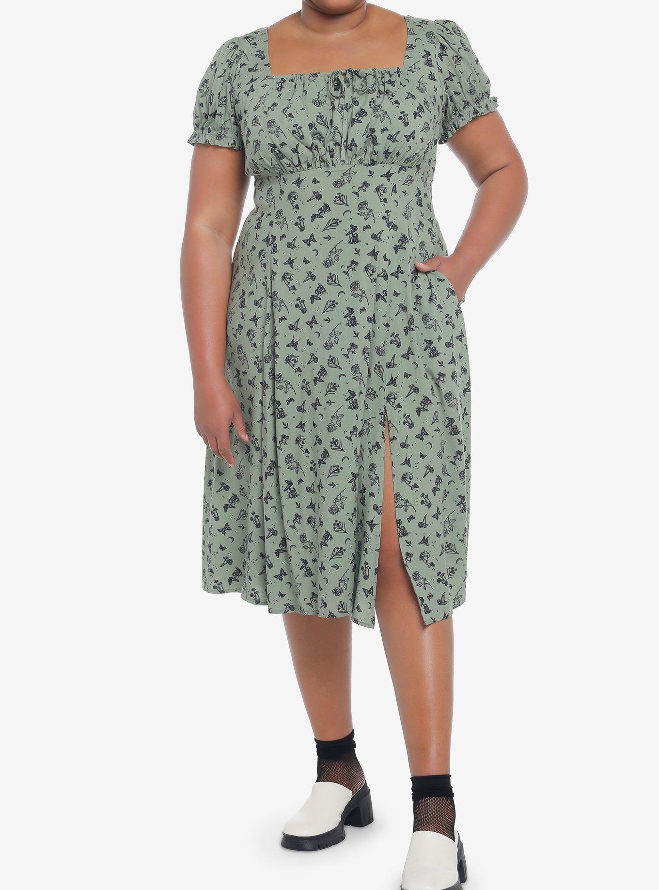 Green Butterfly Mushroom Empire Midi Dress Plus Size, , hi-res