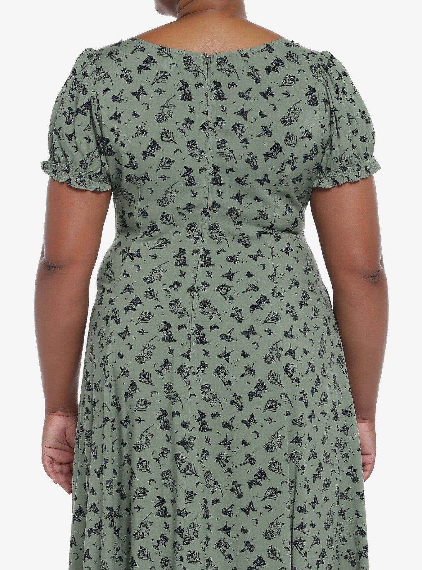 Green Butterfly Mushroom Empire Midi Dress Plus Size, GREEN, alternate