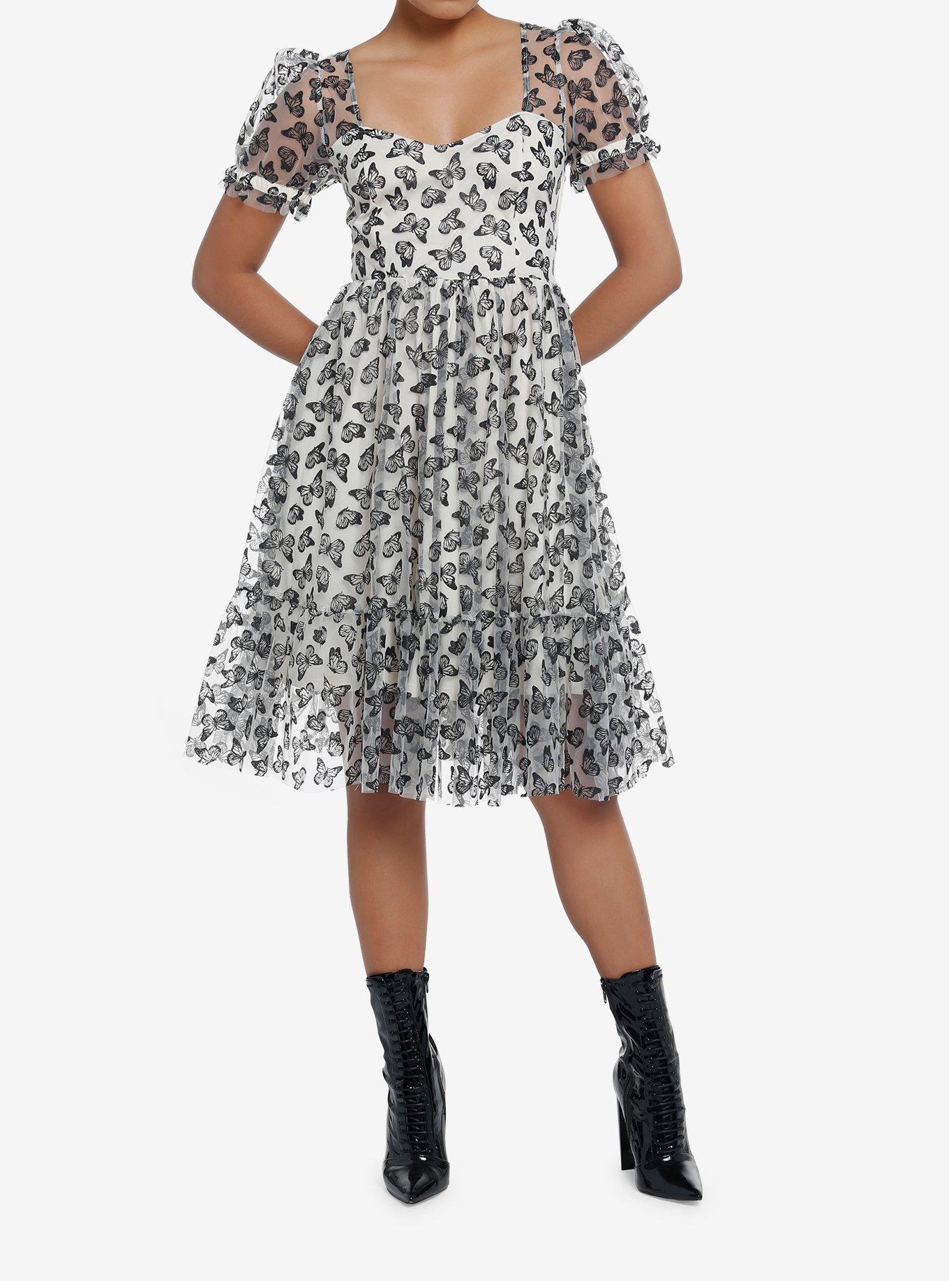 Thorn & Fable Ivory & Black Butterfly Glitter Mesh Dress, , hi-res