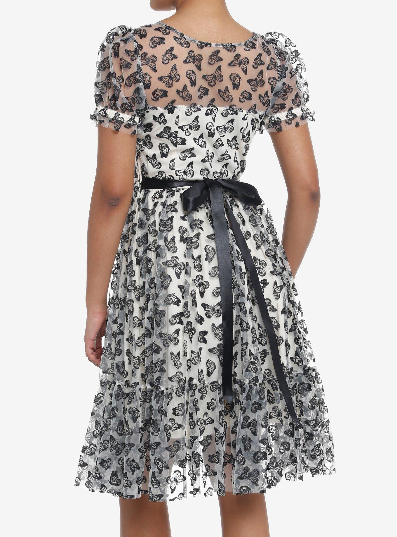 Thorn & Fable Ivory & Black Butterfly Glitter Mesh Dress, IVORY, alternate