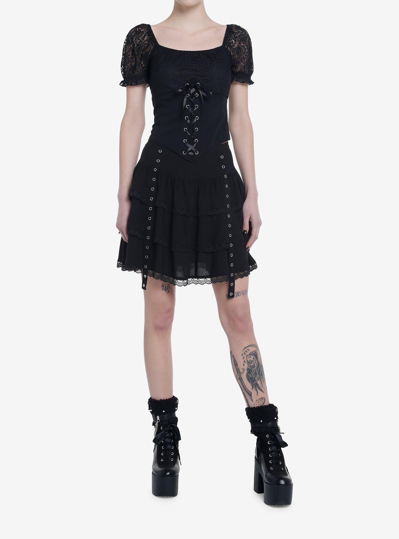 Thorn & Fable Black Lace-Up Pointed Girls Top, BLACK, alternate