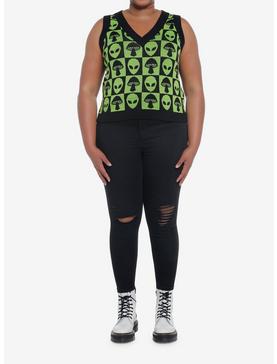 Green Alien Mushroom Checker Girls Sweater Vest Plus Size, , hi-res