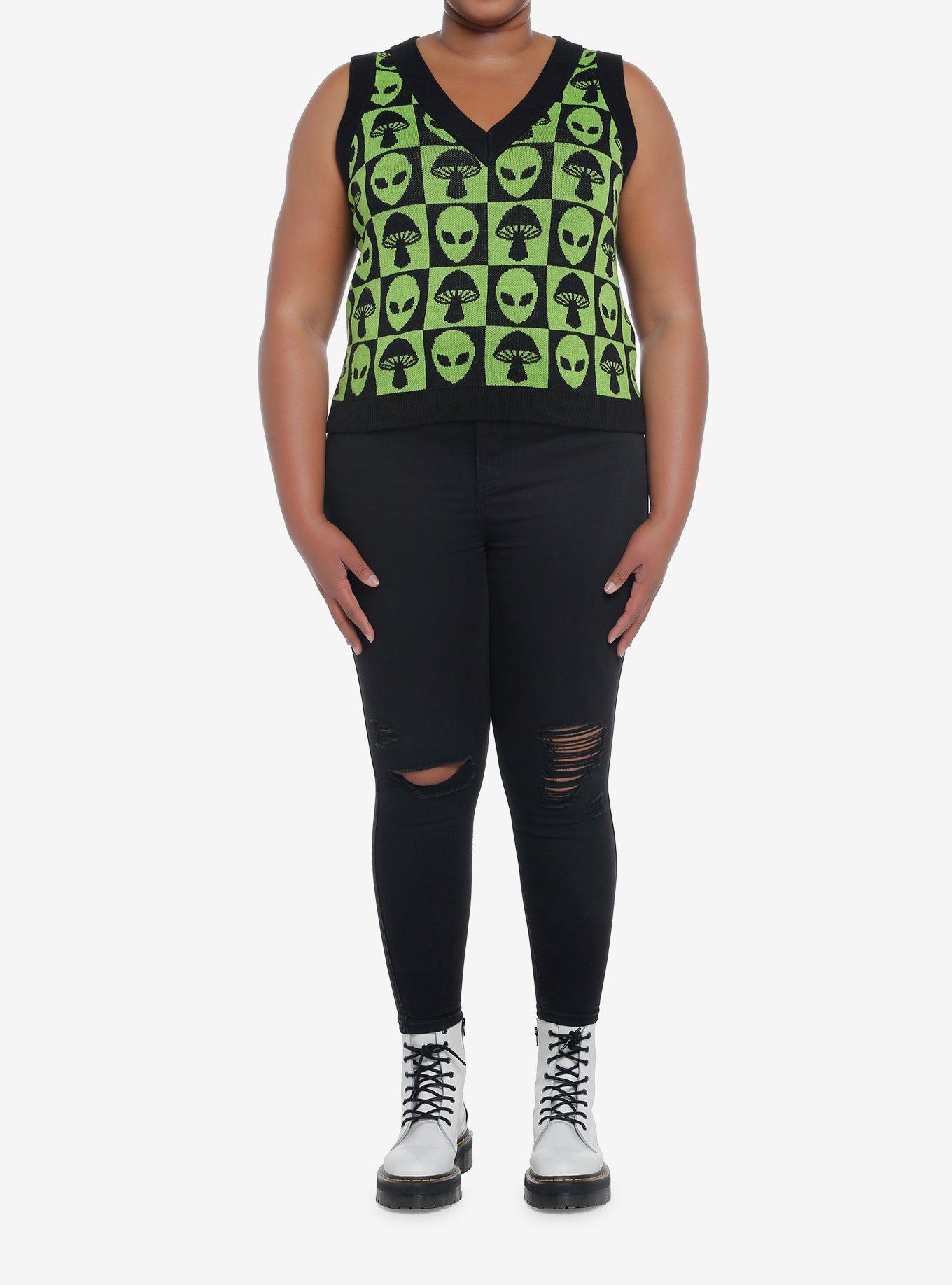 Green Alien Mushroom Checker Girls Sweater Vest Plus Size, BLACK, alternate