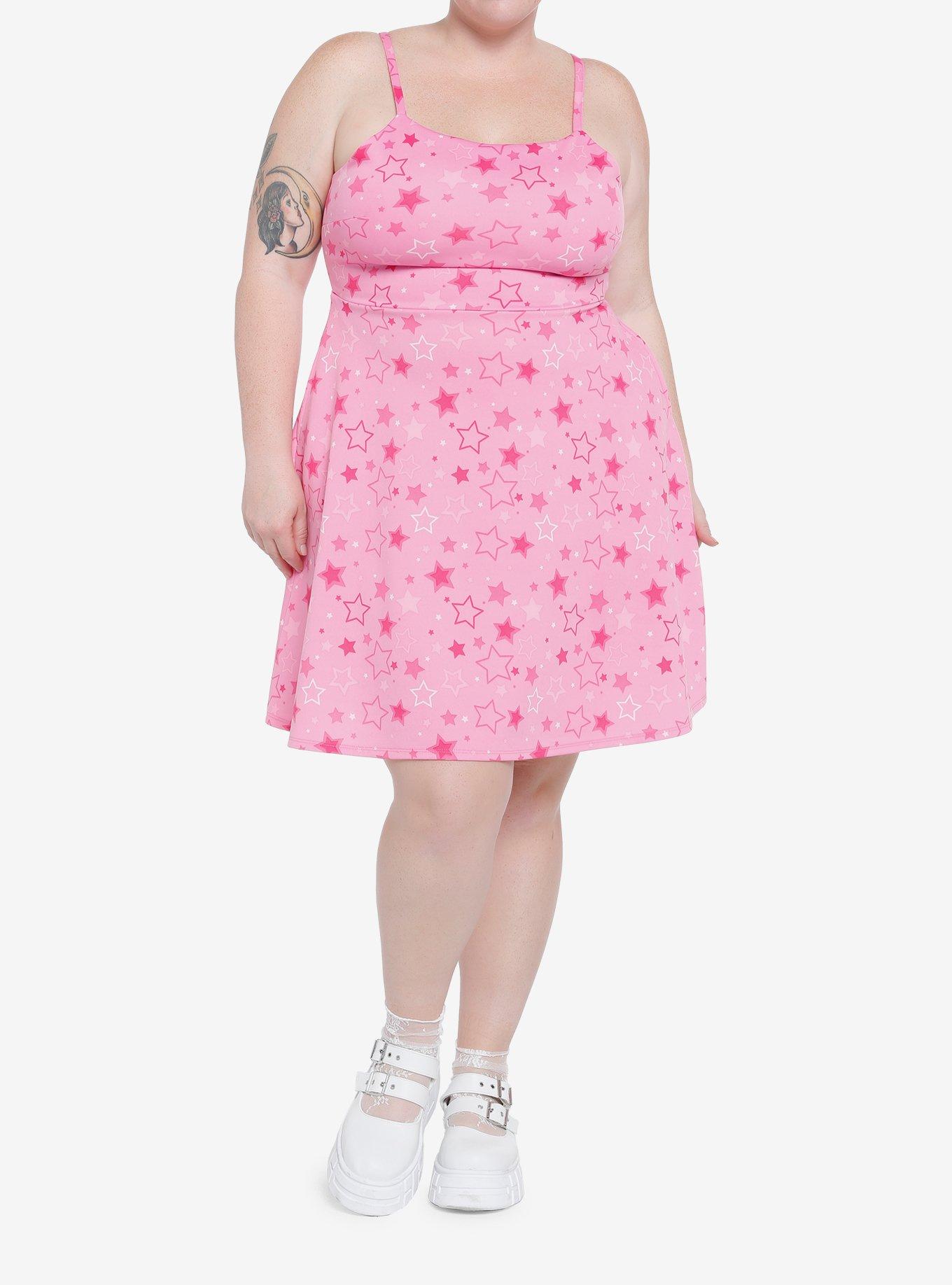 Hot Pink Stars Strappy Tank Dress Plus Size, PINK, alternate