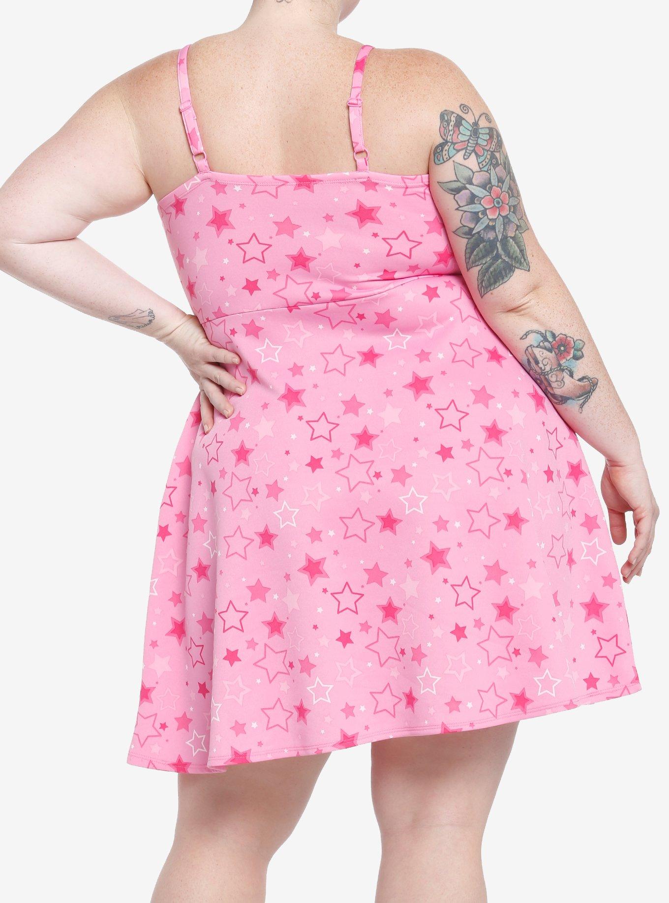 Hot Pink Stars Strappy Tank Dress Plus Size, PINK, alternate